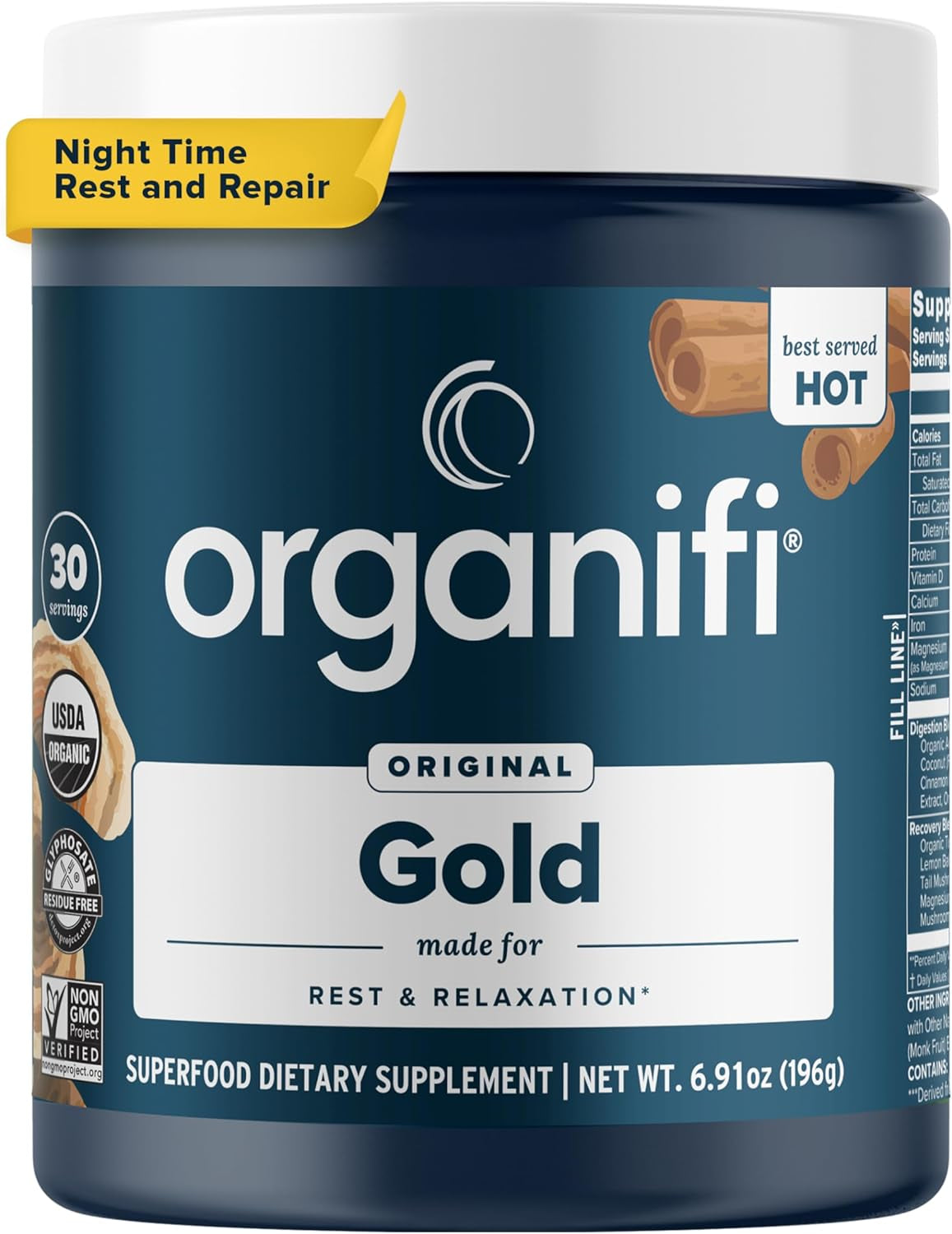 Organifi Gold - Natural Calming Turmeric and Reishi Mushroom Powder for Nighttime Tea - Promotes Relaxation and Restful Sleep - Incredible Taste and Aroma, 30 Servings