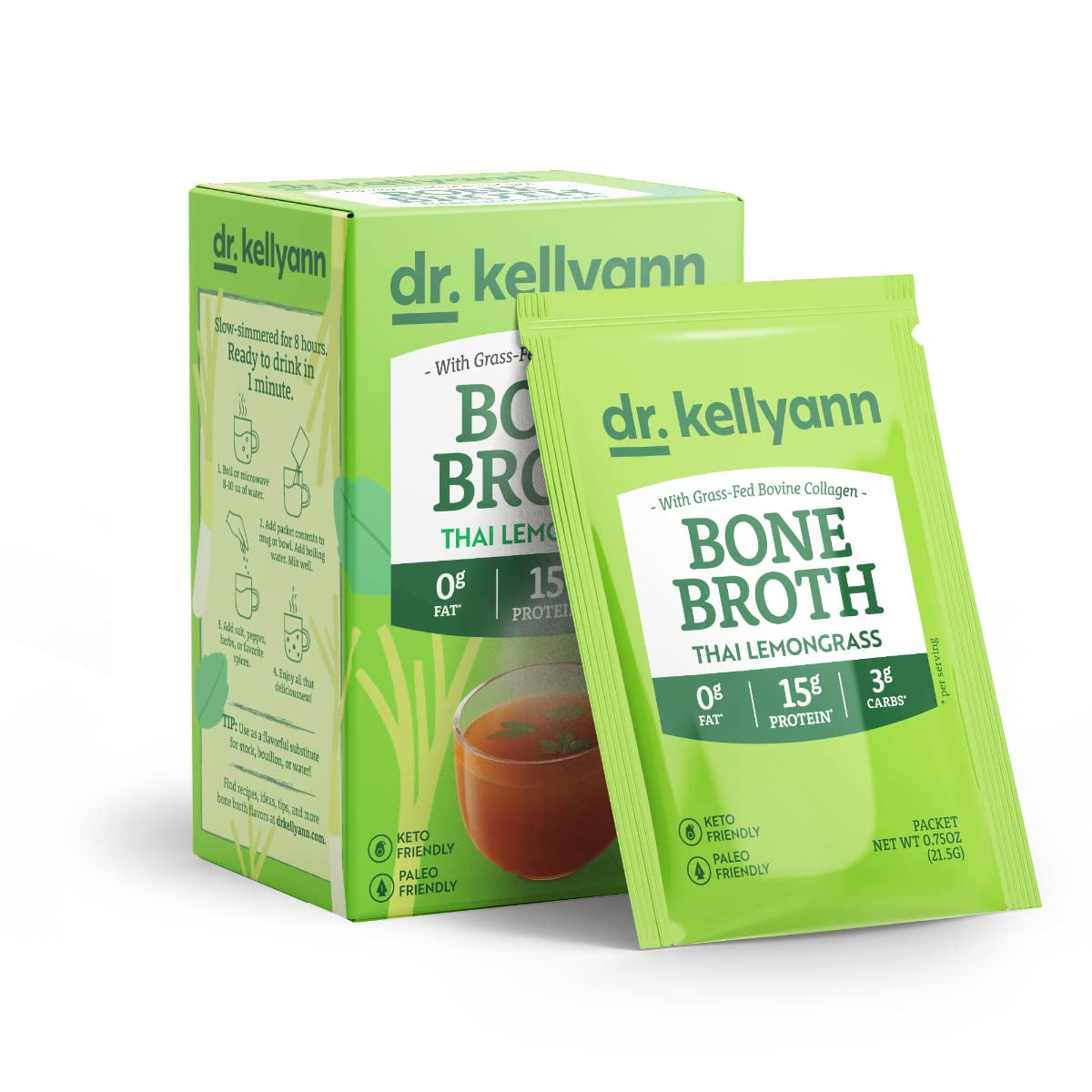 Dr. Kellyann Thai Lemongrass Bone Broth Collagen Powder (7X16G Protein Servings) - 100% Grass-Fed, Keto & Paleo Friendly