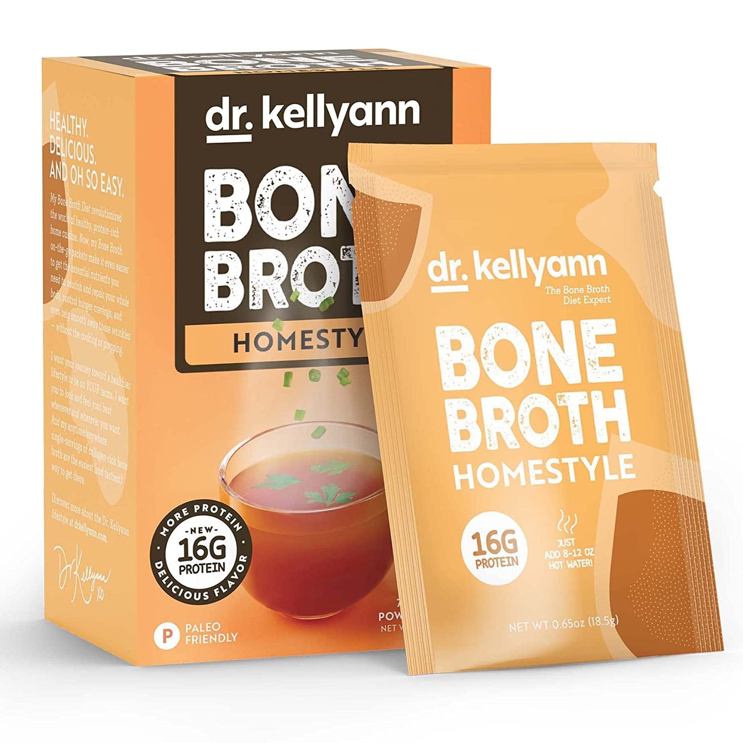 Dr. Kellyann Bone Broth Collagen Powder Packets (7 Servings, 1 Box), 16G Protein/Serving, 100% Grass-Fed Hydrolyzed Collagen Powder, Keto & Paleo Friendly