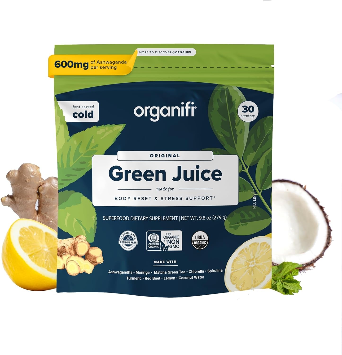 Organifi Green Juice - Powder Supplement with Organic Spirulina, Ashwagandha, and Chlorella - Helps Achieve Fitness Goals and Reduce Cortisol Levels, 30-Day Supply