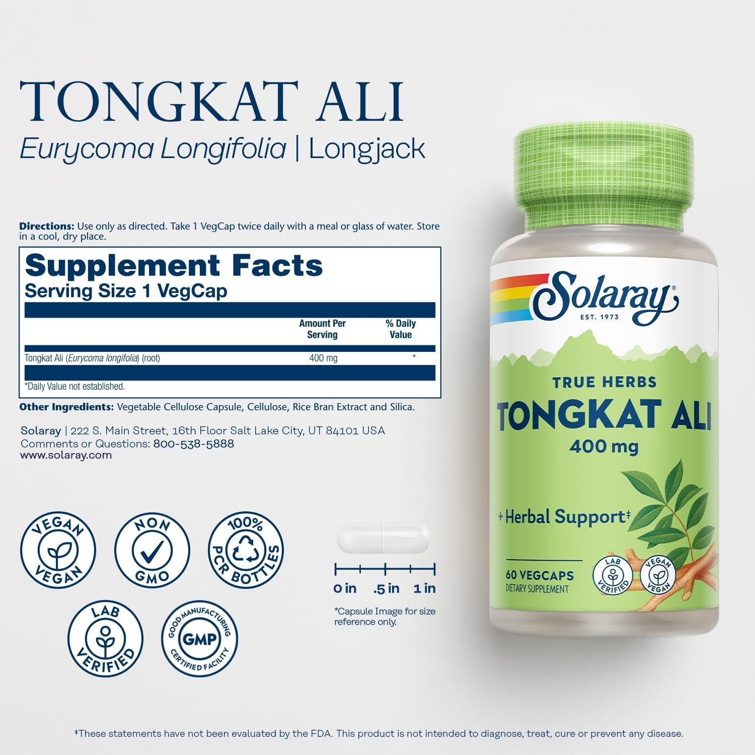 SOLARAY Tongkat Ali 400 Mg - Longjack Tongkat Ali for Men - Herbal Support for Men'S Health and Vitality - Vegan, Non-Gmo, Lab Verified - 60 Servings, 60 Vegcaps