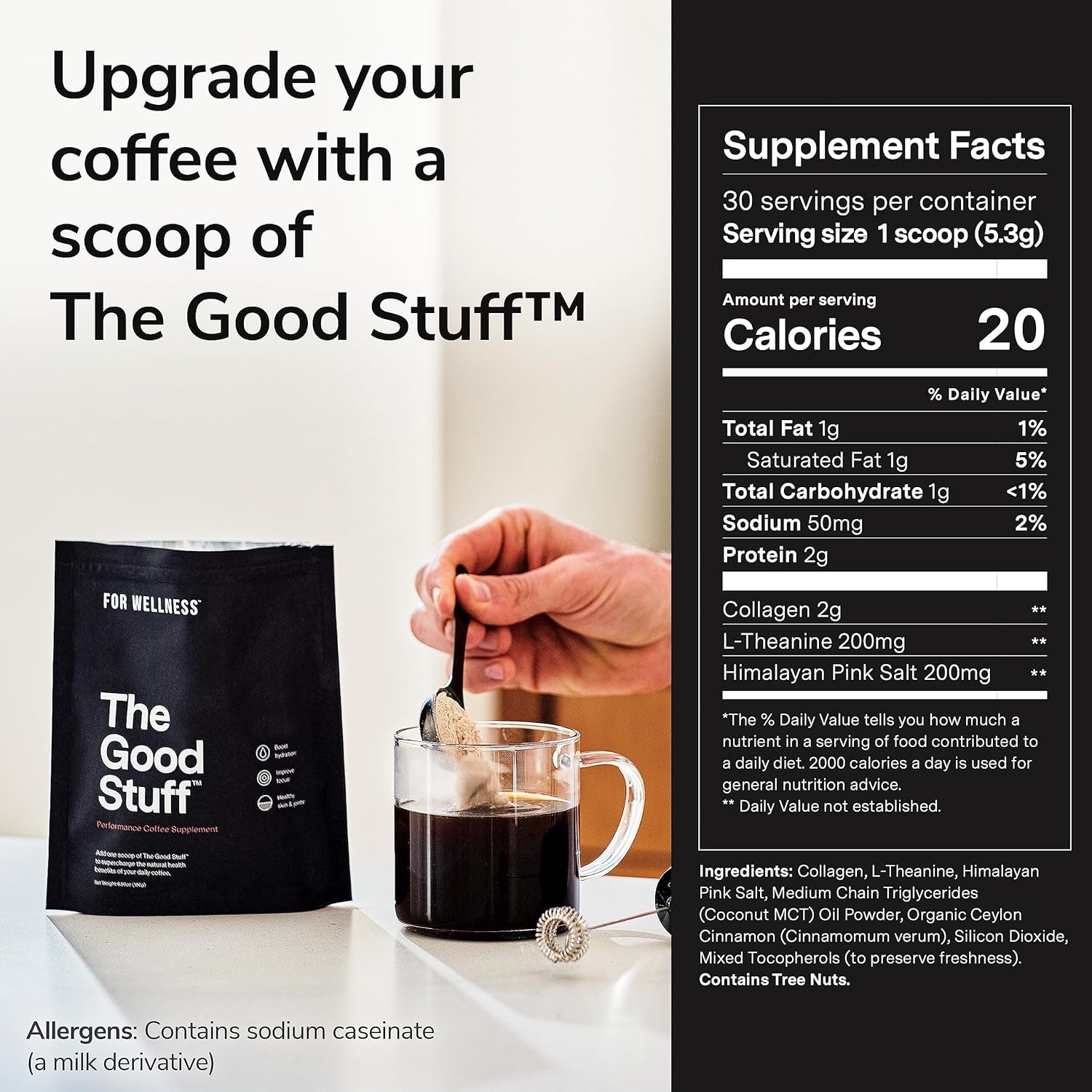 For Wellness the Good Stuff™ Performance Blend (30 Serving Pouch), Non-Dairy Coffee Supplement with Collagen, L-Theanine and Himalayan Pink Salt – Improves Focus and Increases Energy