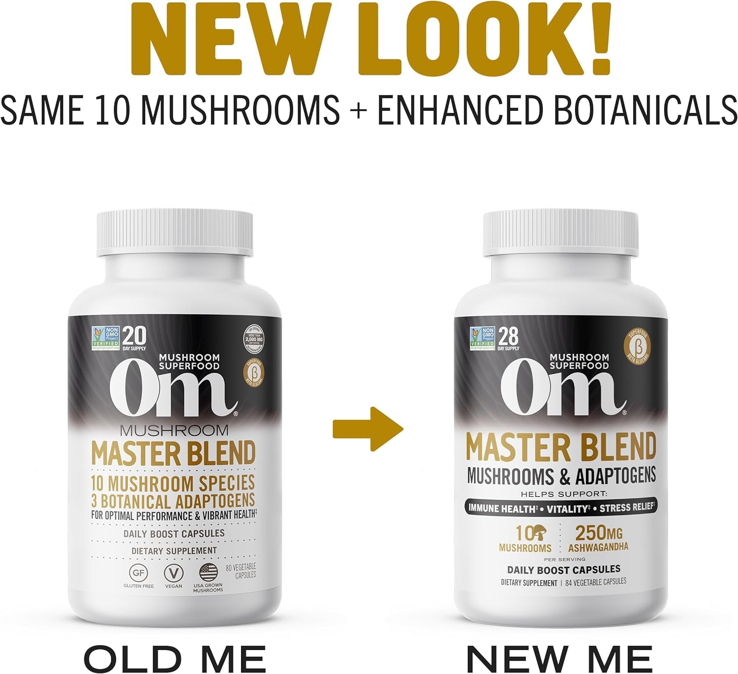 Om Mushroom Superfood Master Blend Mushrooms & Adaptogens, Capsules Supplement, 80 Count, 20 Servings, 10 Mushroom Complex, Adaptogens for Immune Health, Vitality, Stress Relief (Packaging May Vary)