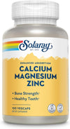 SOLARAY Calcium Magnesium Zinc Supplement - with Calcium 1000Mg, Magnesium 500Mg - Bone Health, Muscle Function, Heart Health and Immune Support - Vegan, 60 Day Guarantee, 25 Servings, 100 Vegcaps