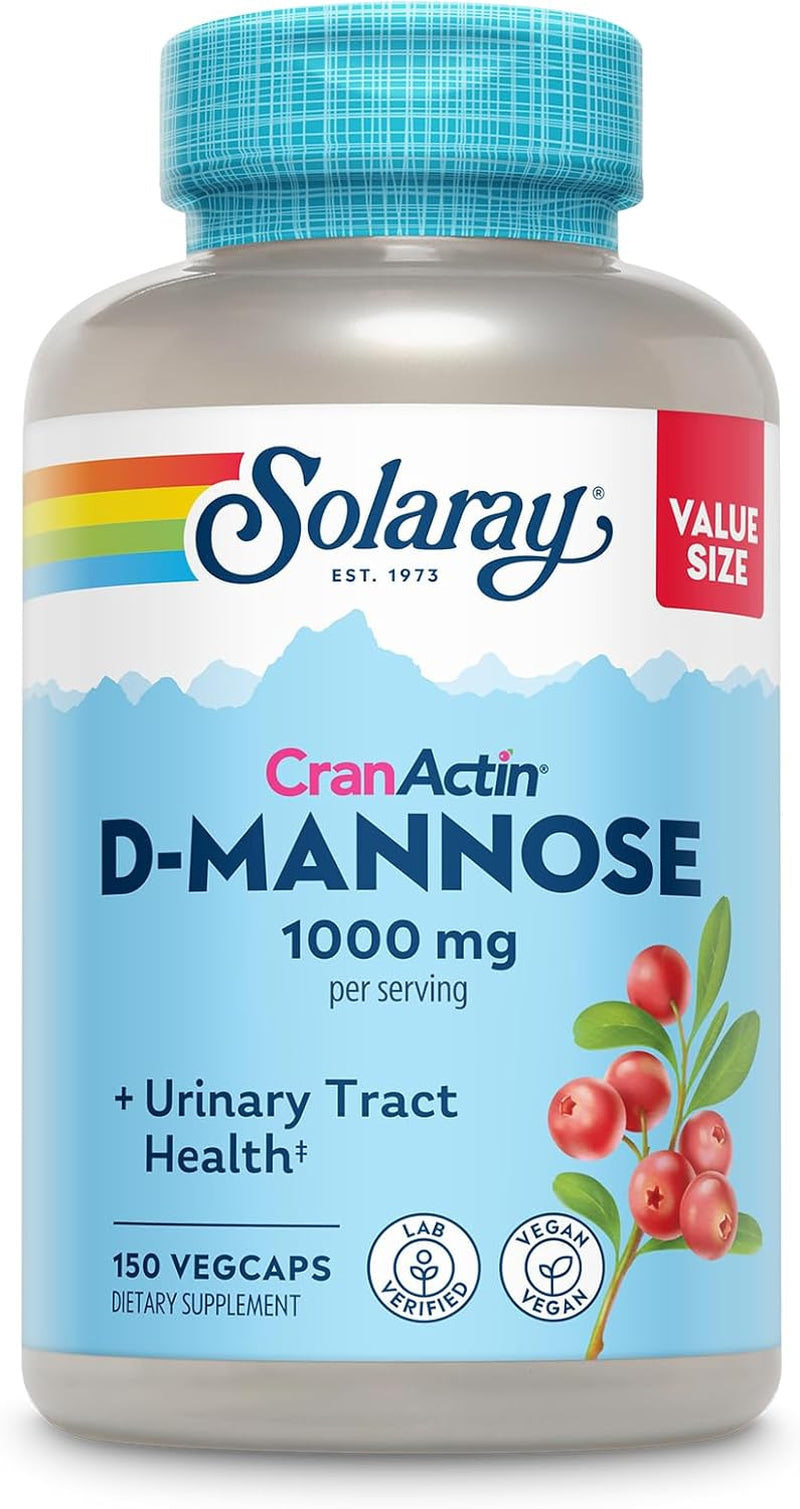 Solaray D-Mannose 1000Mg with Cranactin Cranberry Extract - D Mannose Cranberry Supplement with Vitamin C - Supports Urinary Tract and Bladder Health - Vegan, 60 Day Guarantee, 75 Serv, 150 Vegcaps