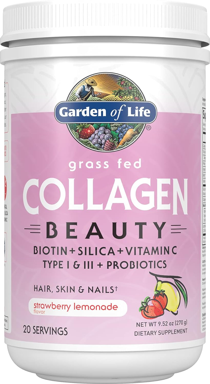 Garden of Life Grass Fed Collagen Beauty - Strawberry Lemonade, 20 Servings - Collagen Peptides Powder for Women Men Hair Skin Nails,, Collagen Protein Hydrolyzed Supplements