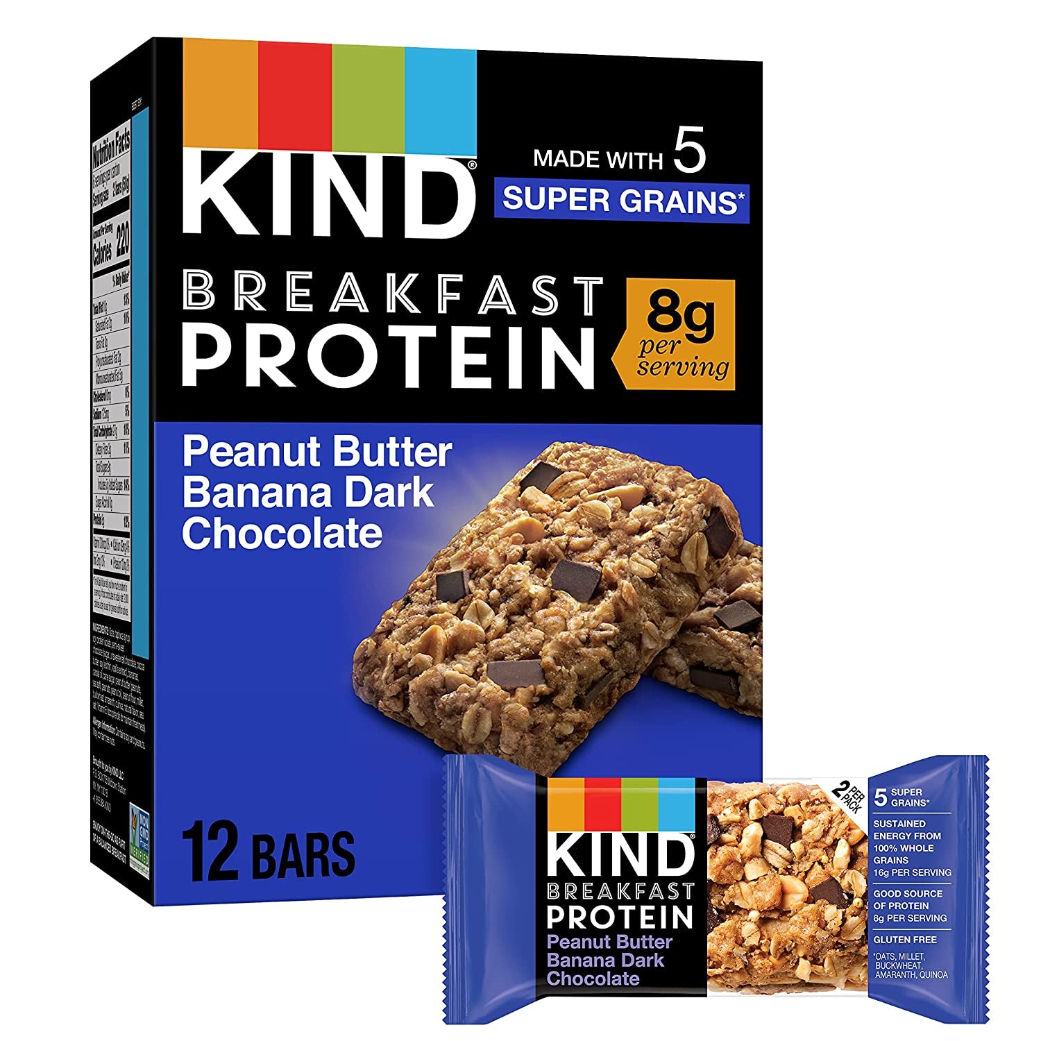 KIND Breakfast, Healthy Snack Bar, Peanut Butter Banana Dark Chocolate, Gluten Free Breakfast Bars, 8G Protein, 1.76 OZ Packs (6 Count)