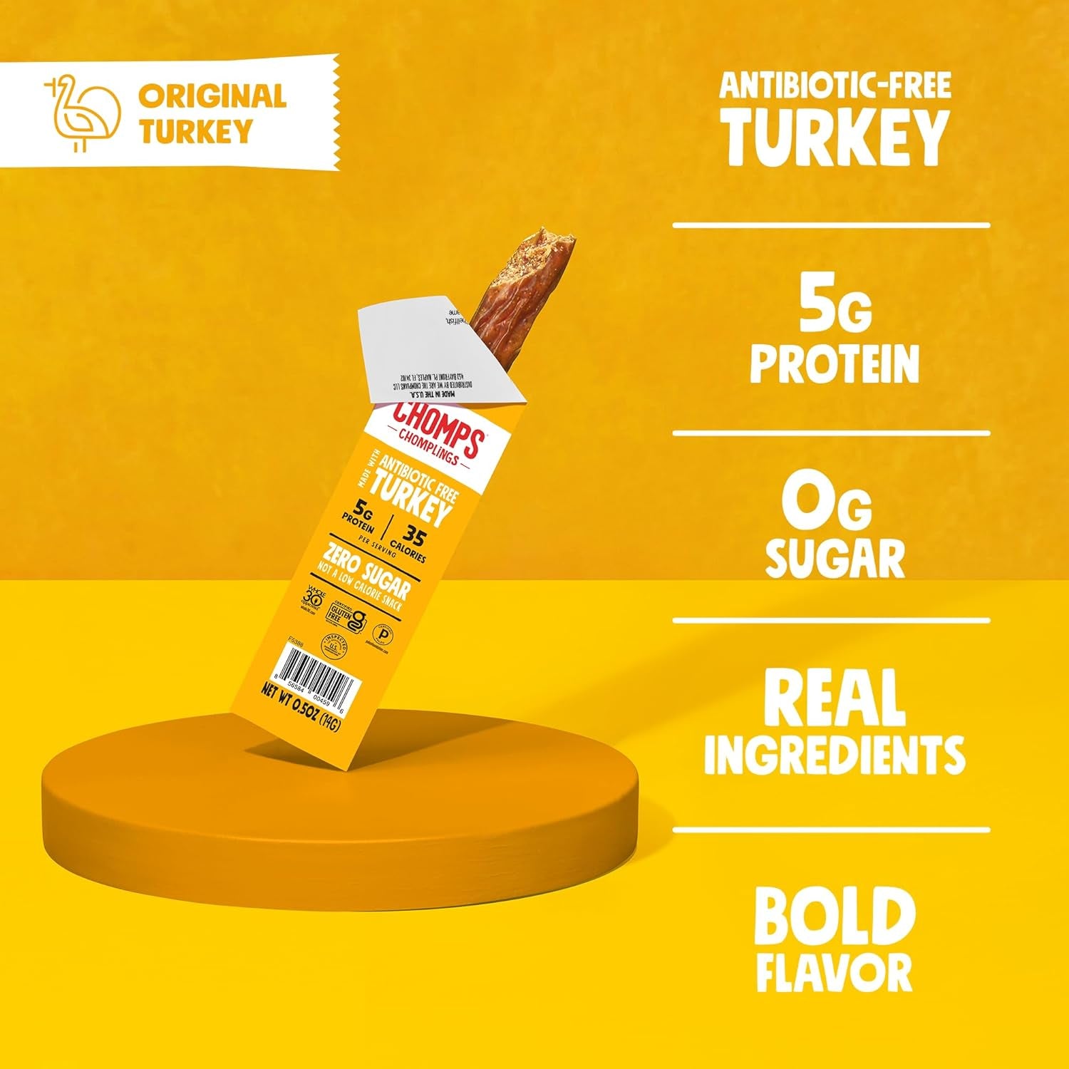 CHOMPS Snack Size Original Turkey Jerky Meat Snack Sticks, ABF Turkey, Keto, Paleo, Whole30 Approved, Low Carb, High Protein, Gluten Free, Sugar Free, Nitrate Free, 35 Calories 0.5 Oz Sticks, Original Turkey 24 Pack