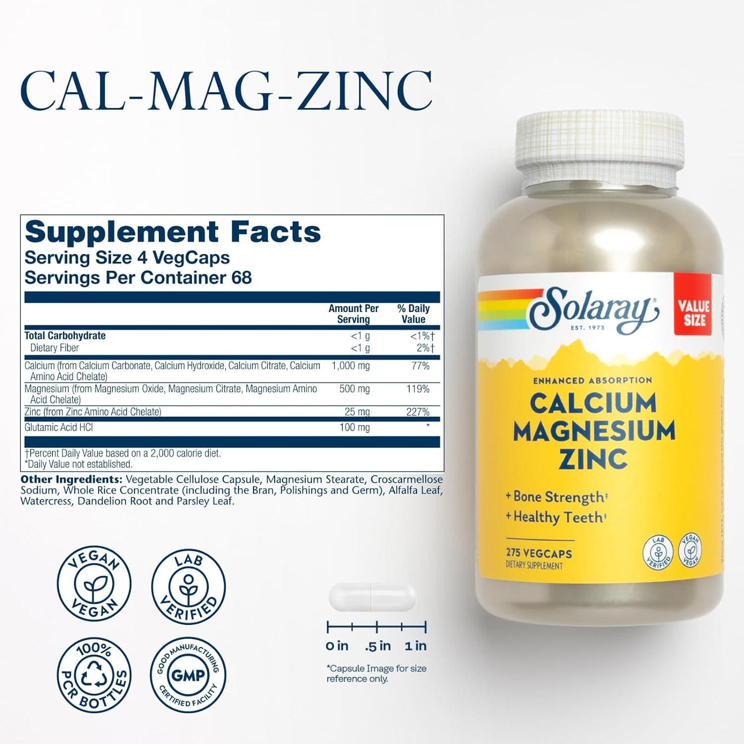 SOLARAY Calcium Magnesium Zinc Supplement - with Calcium 1000Mg, Magnesium 500Mg - Bone Health, Muscle Function, Heart Health and Immune Support - Vegan, 60 Day Guarantee, 68 Servings, 275 Vegcaps