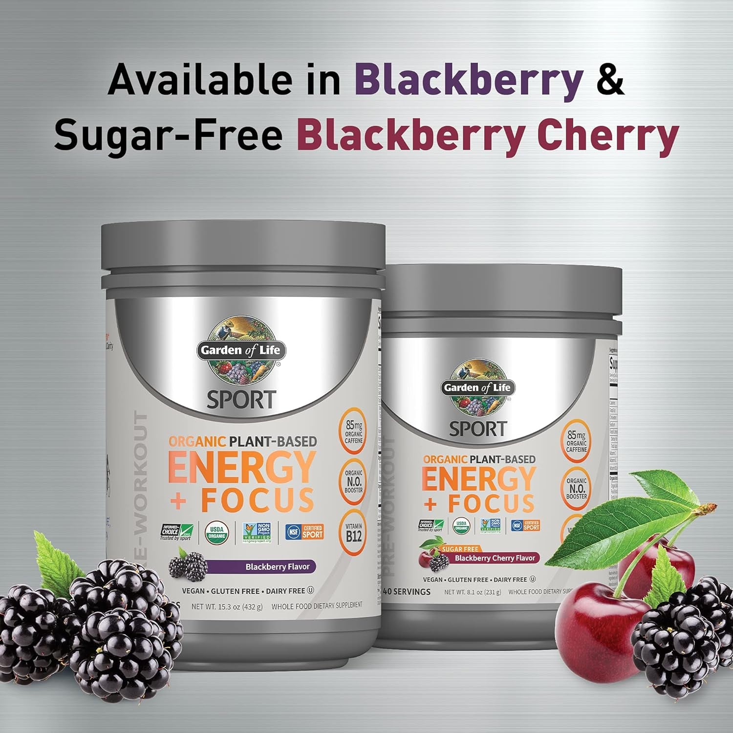 Garden of Life Sport Organic Plant-Based Energy + Focus Vegan Clean Pre Workout Powder, Sugar & Gluten Free Blackberry Cherry with 85Mg Caffeine, Natural NO Booster, B12, 40 Servings, 8.14 Oz