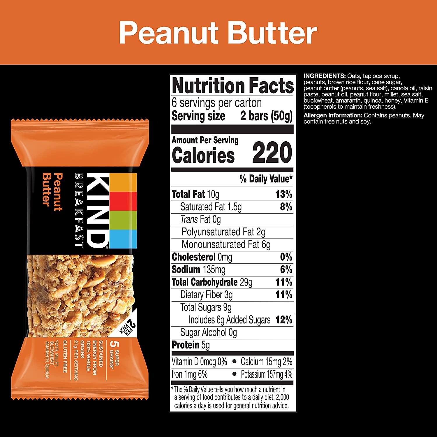 KIND Breakfast, Healthy Snack Bar, Peanut Butter, Gluten Free Breakfast Bars, 100% Whole Grains, 1.76 OZ Packs (30 Count)