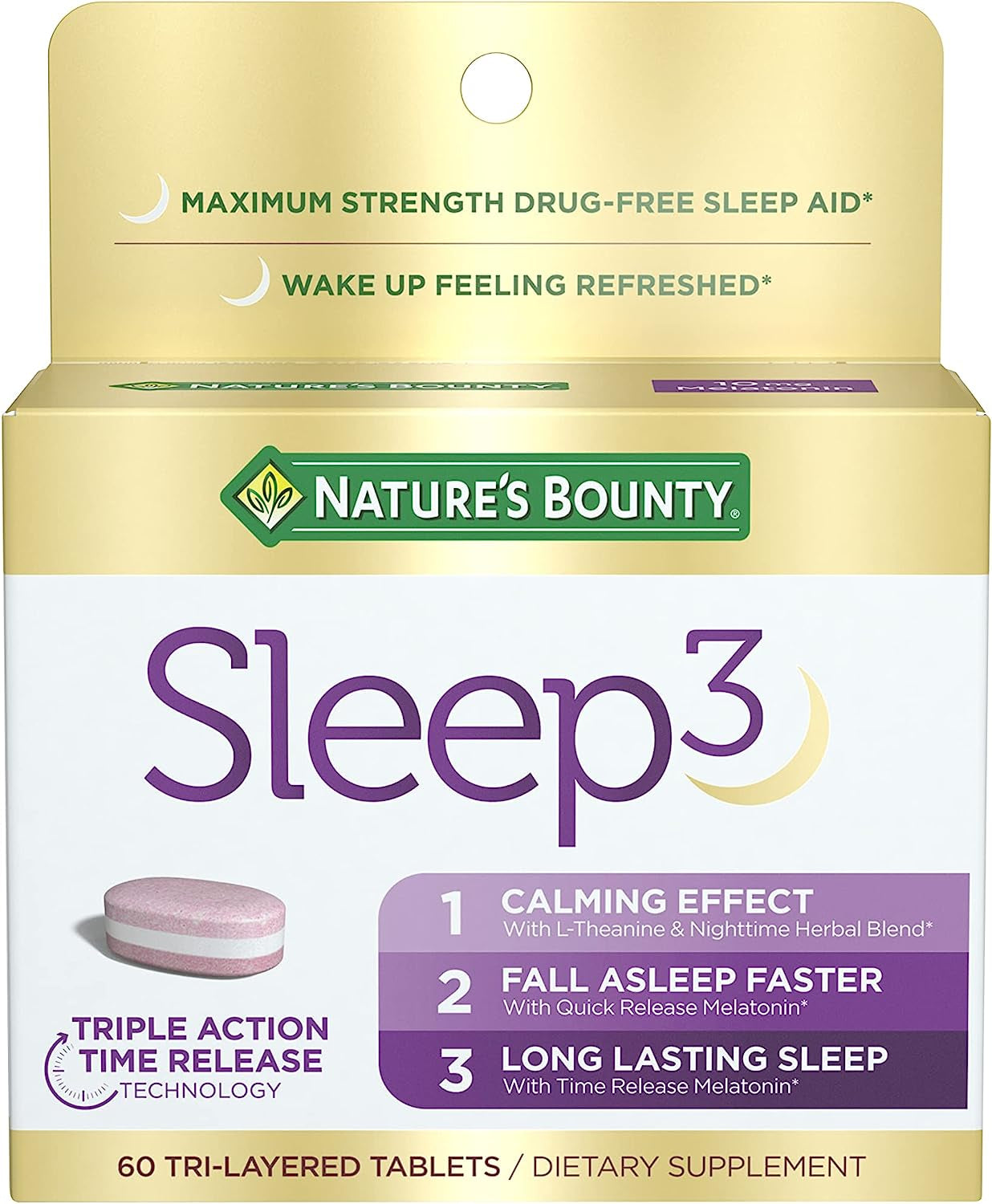 Nature'S Bounty Sleep3 Melatonin 10Mg, Maximum Strength 100% Drug Free Sleep Aid, Dietary Supplement, L-Theanine & Nighttime Herbal Blend Time Release Technology, 60 Tri-Layered Tablets