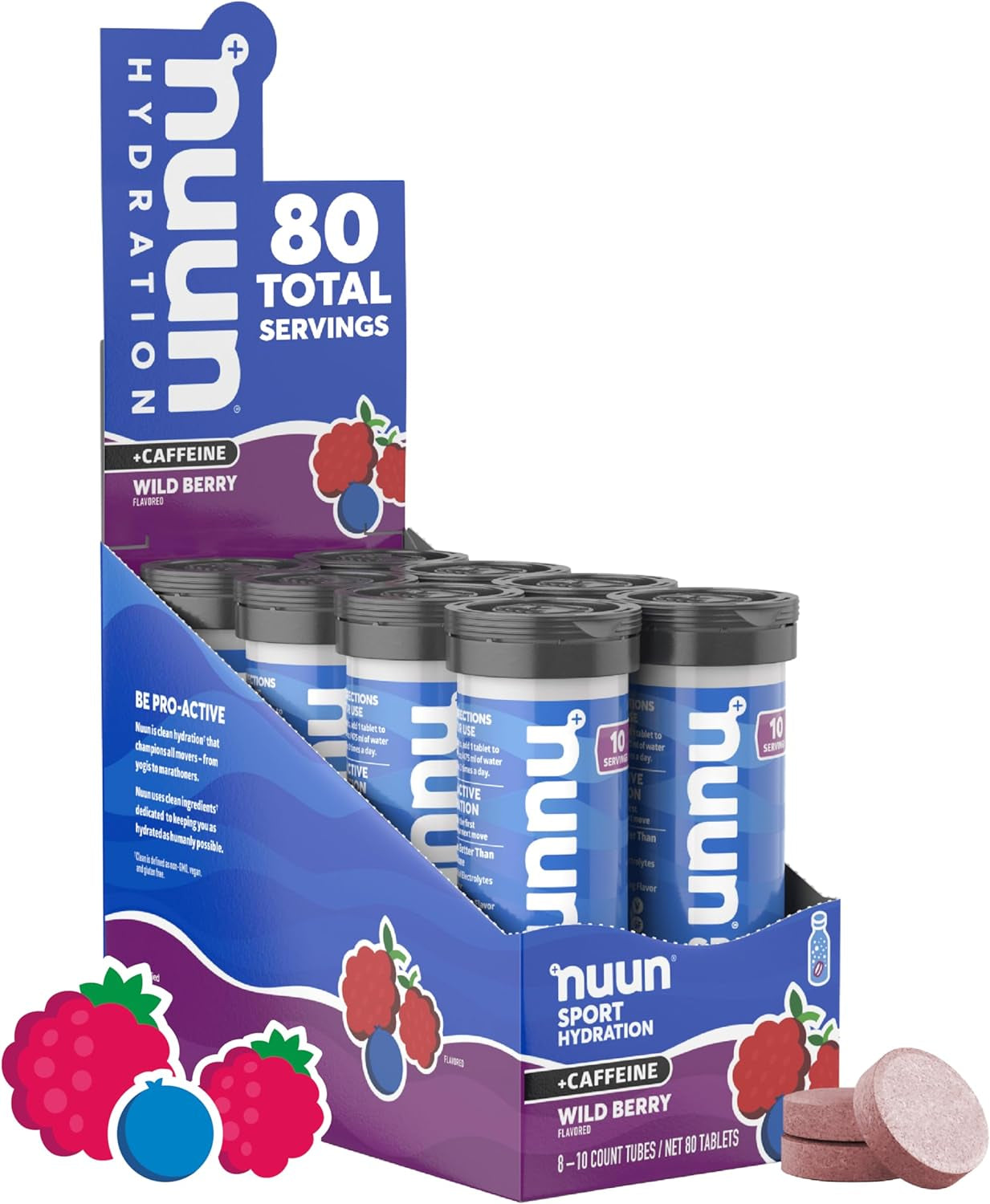 Nuun Sport + Caffeine Electrolyte Tablets for Proactive Hydration, Wild Berry, 8 Pack (80 Servings)