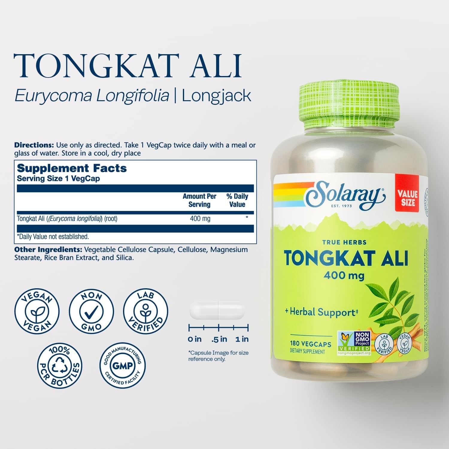 SOLARAY Tongkat Ali 400 Mg - Longjack Tongkat Ali for Men - Herbal Support for Men'S Health and Vitality - Vegan, Non-Gmo, Lab Verified - 180 Servings, 180 Vegcaps