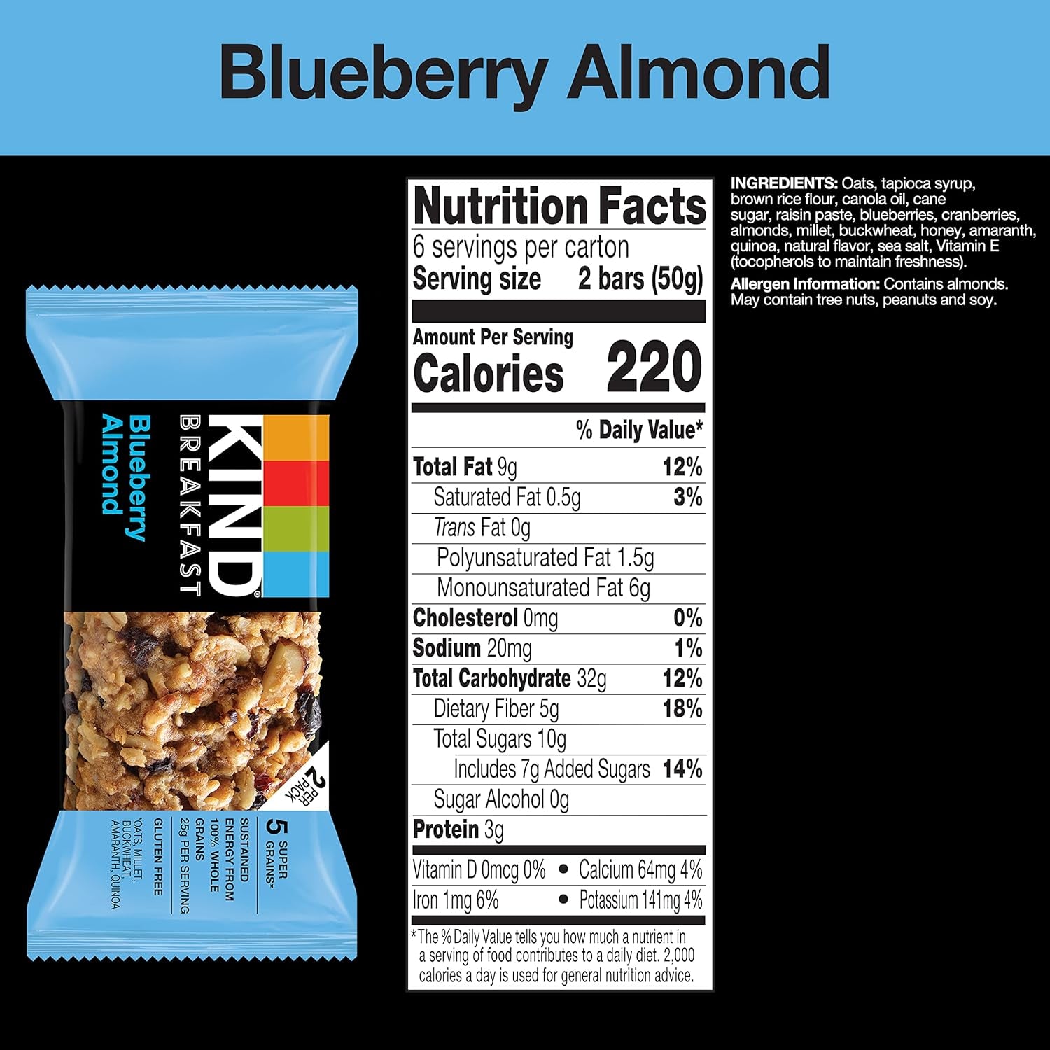 KIND Breakfast, Healthy Snack Bar, Blueberry Almond, Gluten Free Breakfast Bars, 100% Whole Grains, 1.76 OZ Packs (6 Count)