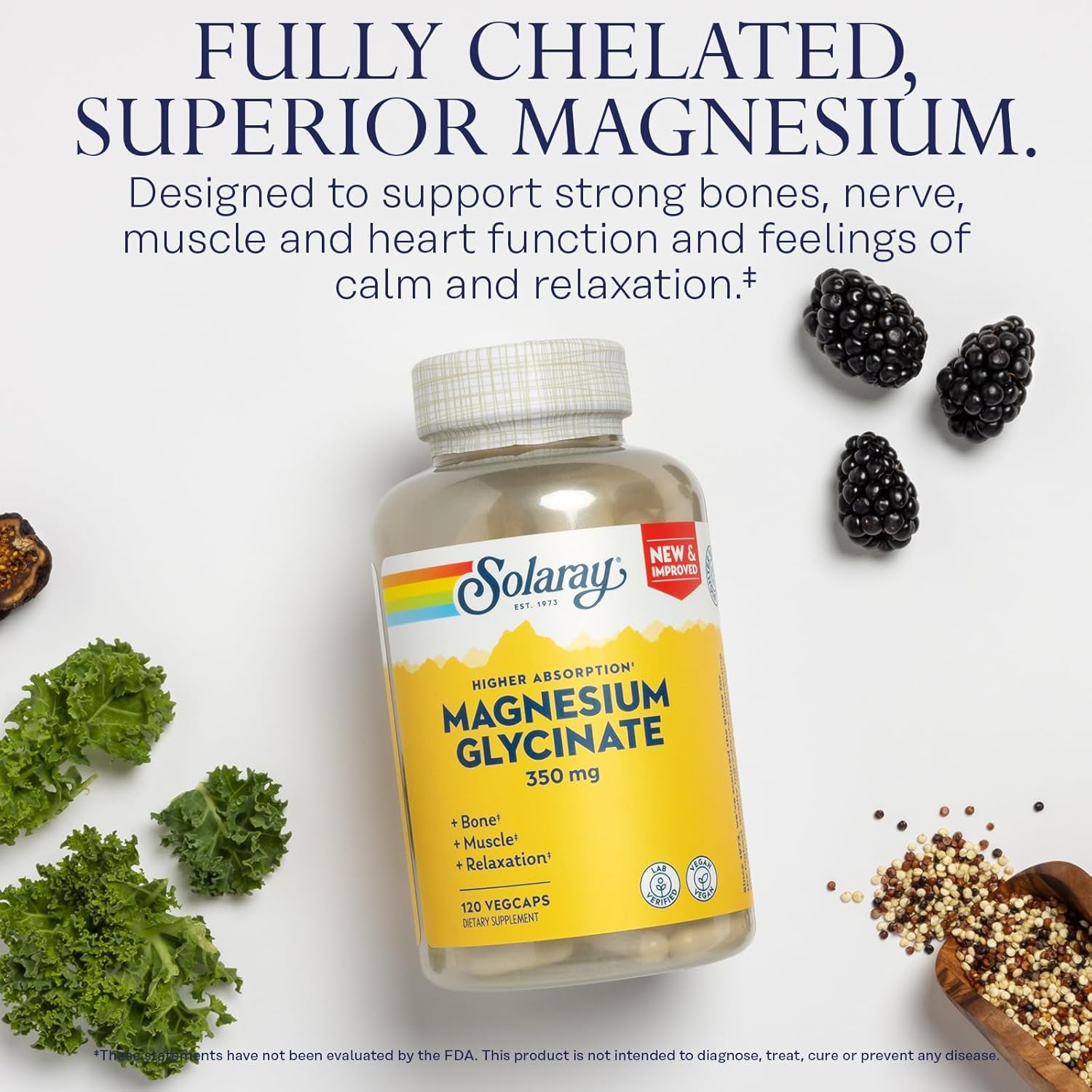 Solaray Magnesium Glycinate, New & Improved Fully Chelated Bisglycinate with Bioperine, High Absorption Formula, Stress, Bones, Muscle & Relaxation Support, 60 Day Guarantee (30 Servings, 120 Vegcaps)