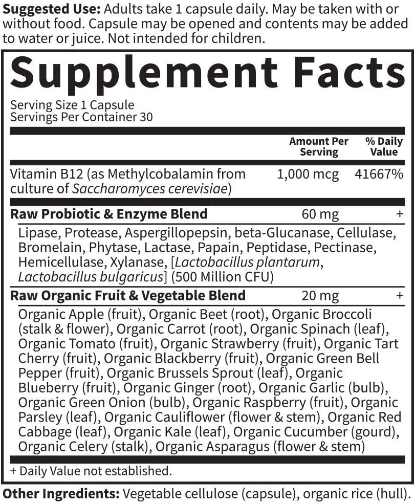 Garden of Life B12 - Vitamin Code Raw - 30 Capsules, 1,000Mcg Whole Food Methylcobalamin for Energy, Vegan B12 Vitamin plus Probiotics & Enzymes, Gluten Free Supplements