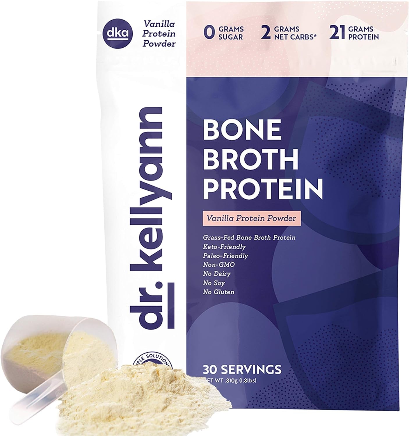 Dr. Kellyann Bone Broth Protein Powder, Vanilla (30 Servings) - Protein 21G, 2G Net Carbs - Grass Fed Hydrolyzed Collagen - Sugar Free, Gluten Free, Dairy Free, Paleo, Keto Protein Shakes