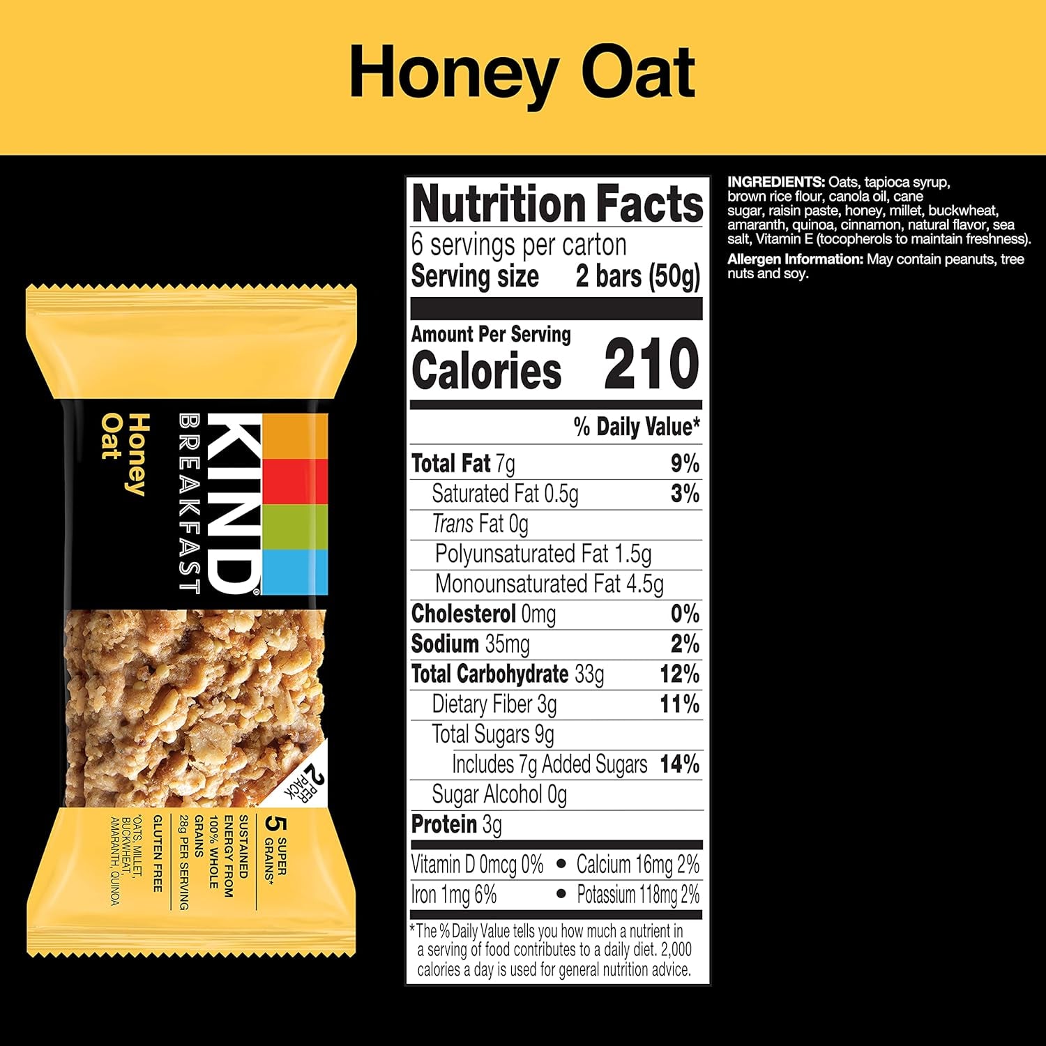 KIND Breakfast, Healthy Snack Bar, Honey Oat, Gluten Free Breakfast Bars, 100% Whole Grains, 1.76 OZ Packs (30 Count)