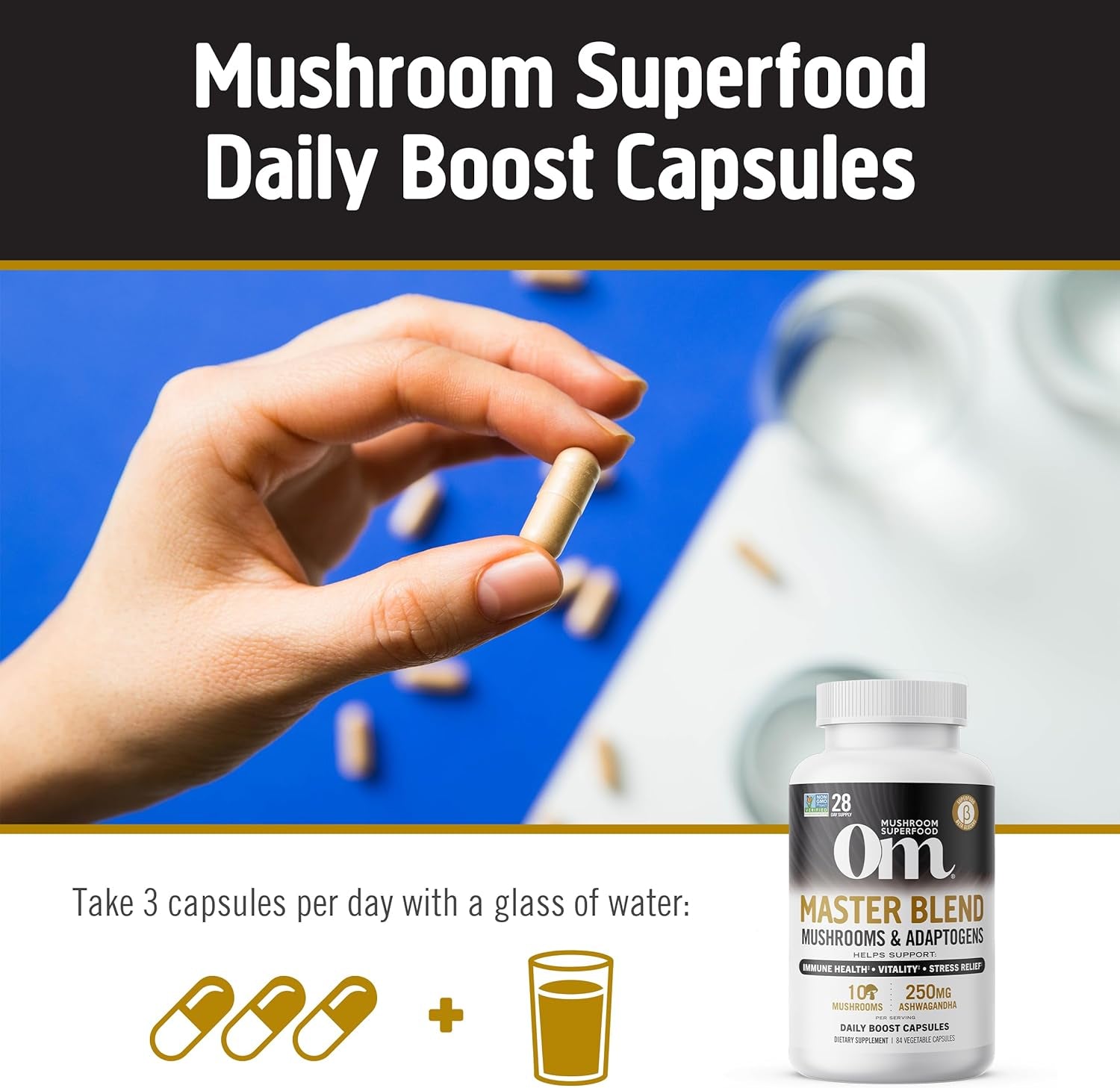 Om Mushroom Superfood Master Blend Mushrooms & Adaptogens, Capsules Supplement, 80 Count, 20 Servings, 10 Mushroom Complex, Adaptogens for Immune Health, Vitality, Stress Relief (Packaging May Vary)