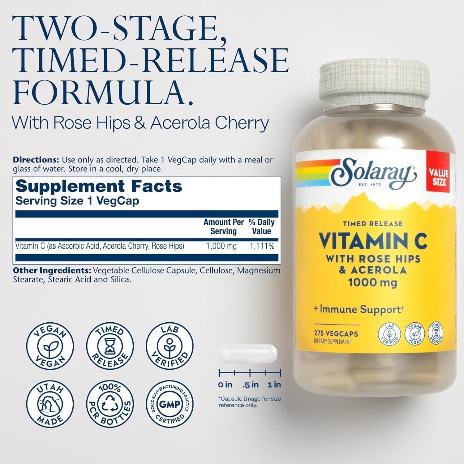 SOLARAY Vitamin C 1000Mg Timed Release Capsules with Rose HIPS & Acerola Bioflavonoids, Two-Stage for High Absorption & All Day Immune Function Support, 60 Day Guarantee, 275 Servings, 275 Vegcaps