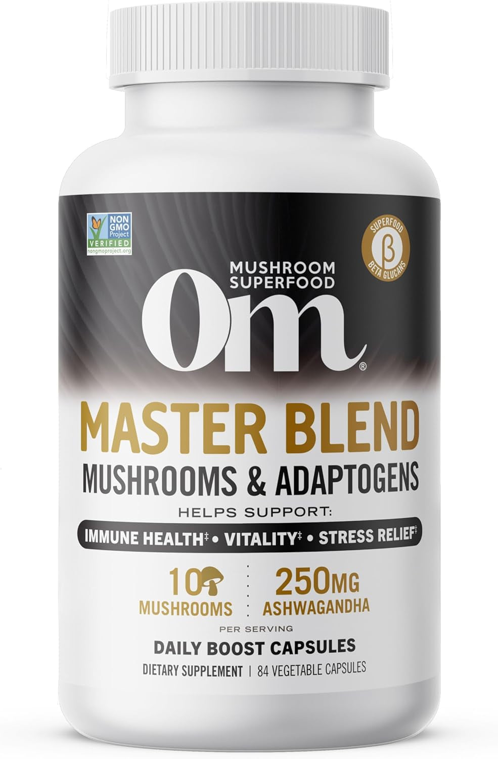 Om Mushroom Superfood Master Blend Mushrooms & Adaptogens, Capsules Supplement, 80 Count, 20 Servings, 10 Mushroom Complex, Adaptogens for Immune Health, Vitality, Stress Relief (Packaging May Vary)