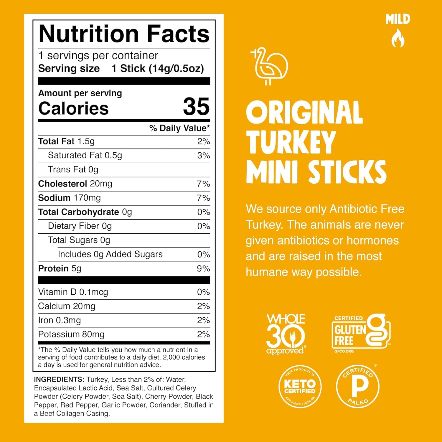 CHOMPS Snack Size Original Turkey Jerky Meat Snack Sticks, ABF Turkey, Keto, Paleo, Whole30 Approved, Low Carb, High Protein, Gluten Free, Sugar Free, Nitrate Free, 35 Calories 0.5 Oz Sticks, Original Turkey 24 Pack