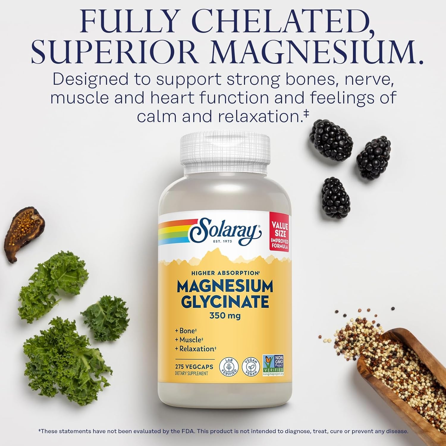 SOLARAY Magnesium Glycinate Capsules, Chelated Magnesium Bisglycinate W/Bioperine, Higher Absorption Magnesium Supplement - Bones, Muscles, Heart and Relaxation Support, Vegan, 68 Serv, 275 Vegcaps