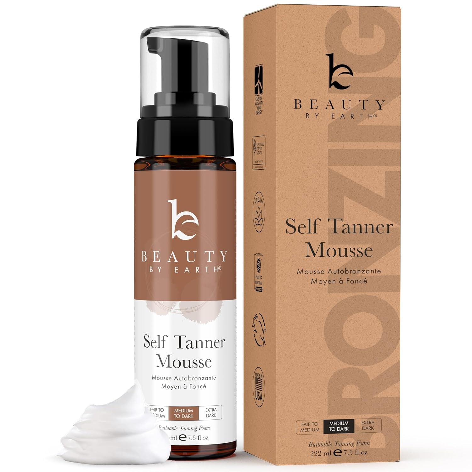 Self Tanner Mousse - USA Made with Natural & Organic Ingredients, Self Tanning Mousse for Dark Fake Tan, Sunless Tanner, Clear & Non Toxic Tanning Foam for Streak Free Finish, No Nasty Smell