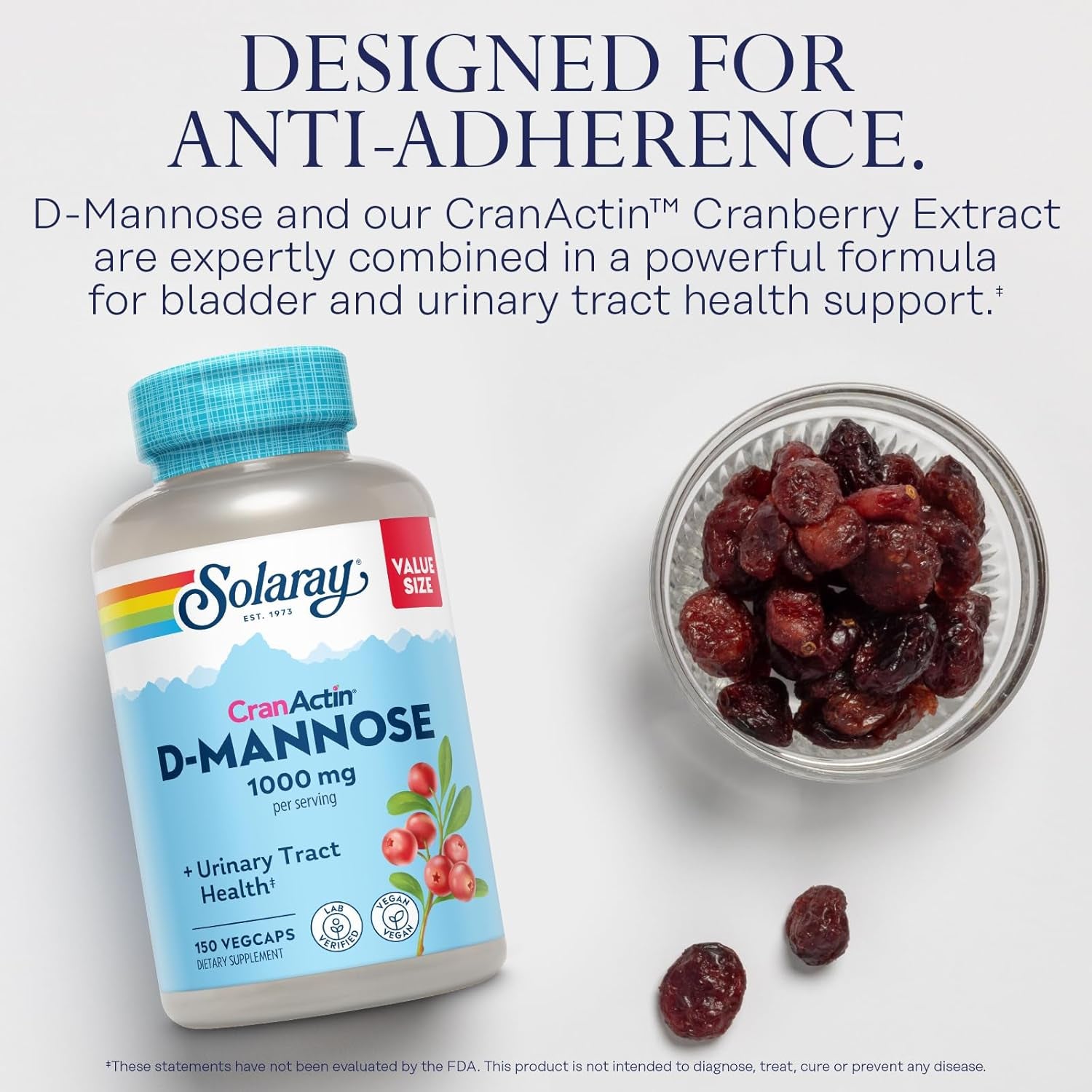 Solaray D-Mannose 1000Mg with Cranactin Cranberry Extract - D Mannose Cranberry Supplement with Vitamin C - Supports Urinary Tract and Bladder Health - Vegan, 60 Day Guarantee, 75 Serv, 150 Vegcaps