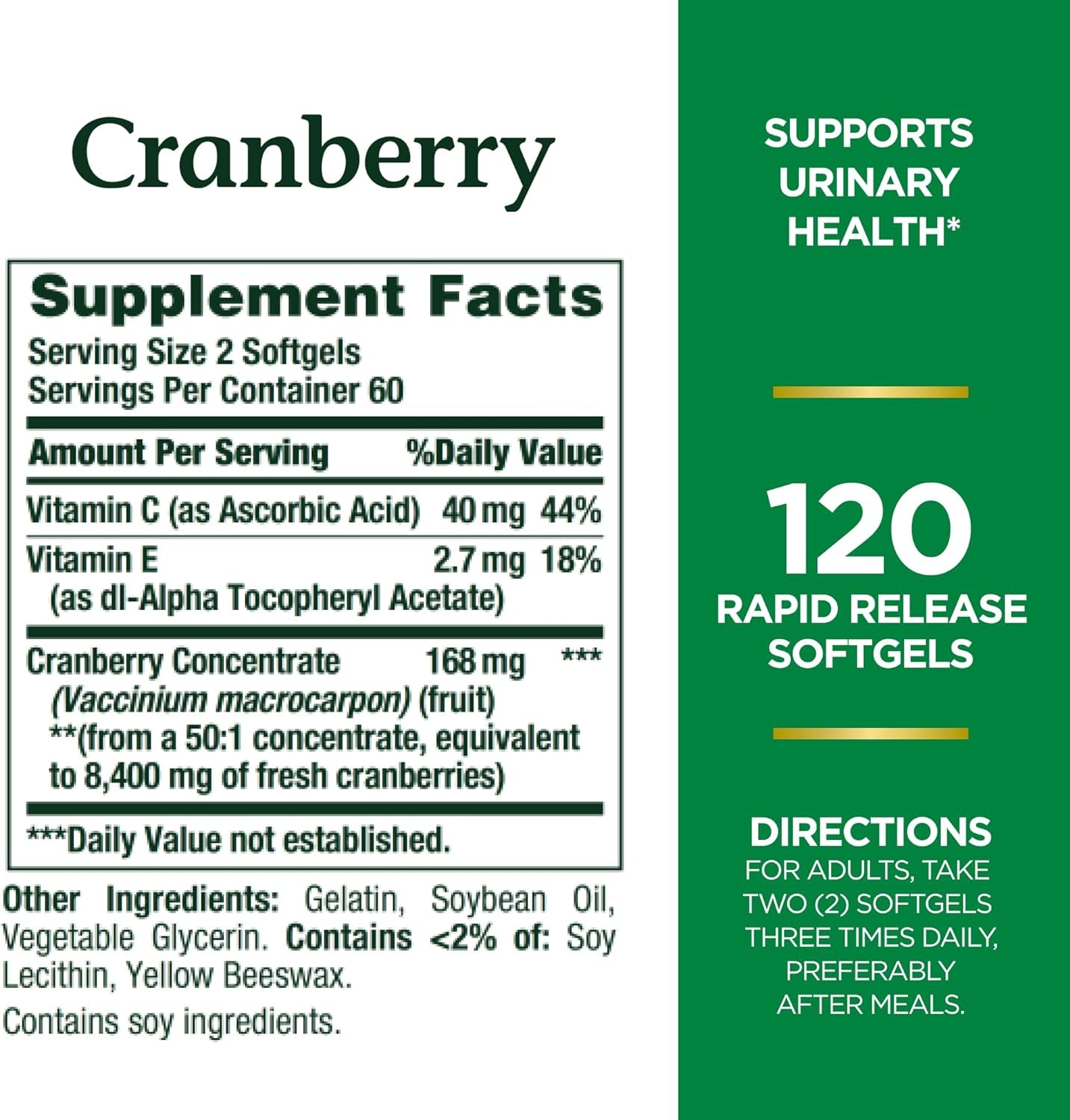 Nature'S Bounty Cranberry, Herbal Health Supplement with Vitamin C, Supports Urinary Health, 4200Mg, 120 Softgels