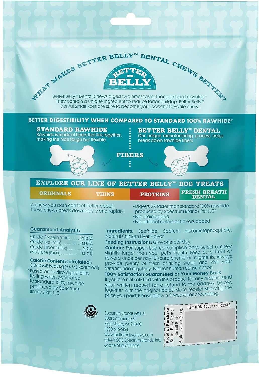 Better Belly Highly Digestible Rawhide Dental Chews, Treat Your Dog to a Chew with NO Artificial Colors or Flavors