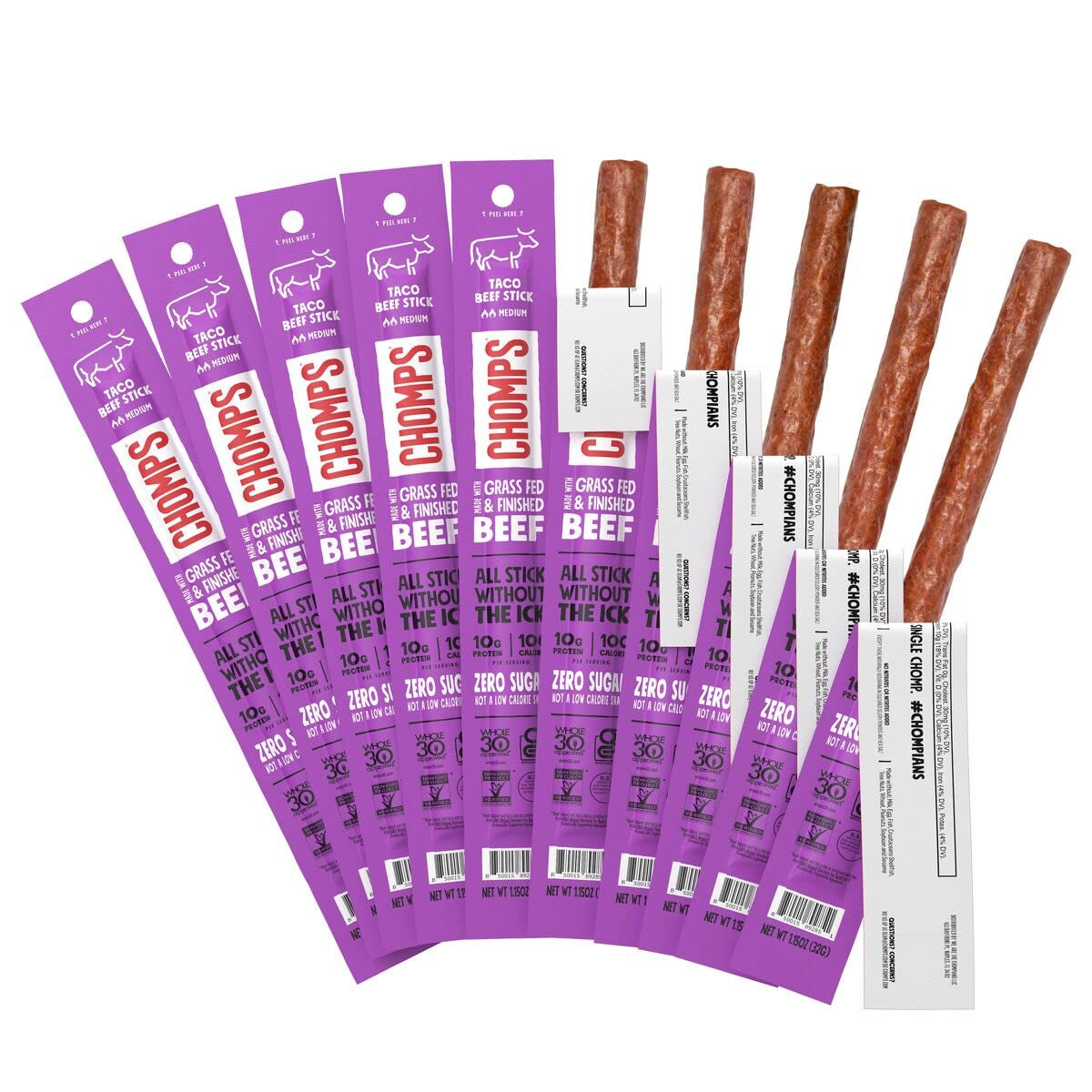 Chomps Grass-Fed and Finished Taco Beef Jerky Snack Sticks 10-Pack - Keto, Paleo, Whole30, 10G Lean Meat Protein, Gluten-Free, Zero Sugar Food, Non-Gmo