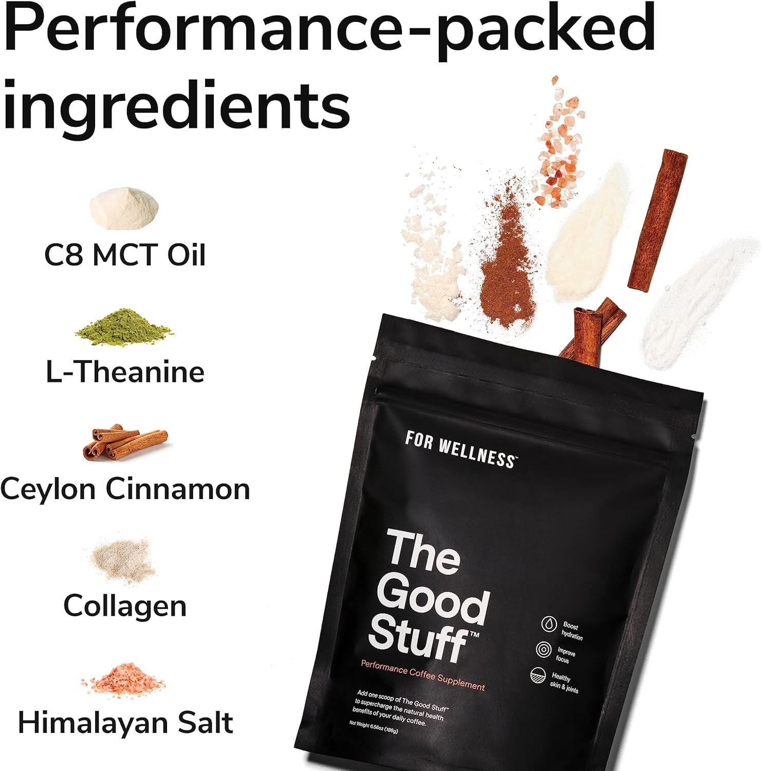 For Wellness the Good Stuff™ Performance Blend (30 Serving Pouch), Non-Dairy Coffee Supplement with Collagen, L-Theanine and Himalayan Pink Salt – Improves Focus and Increases Energy