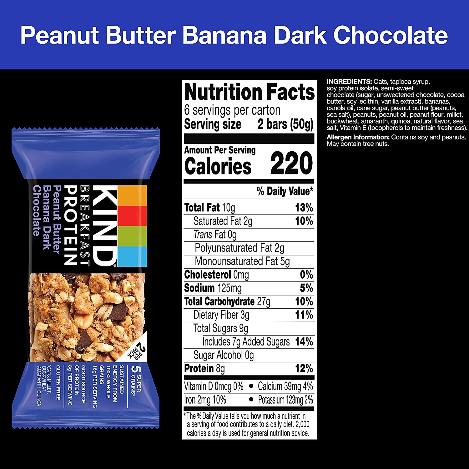 KIND Breakfast, Healthy Snack Bar, Peanut Butter Banana Dark Chocolate, Gluten Free Breakfast Bars, 8G Protein, 1.76 OZ Packs (6 Count)