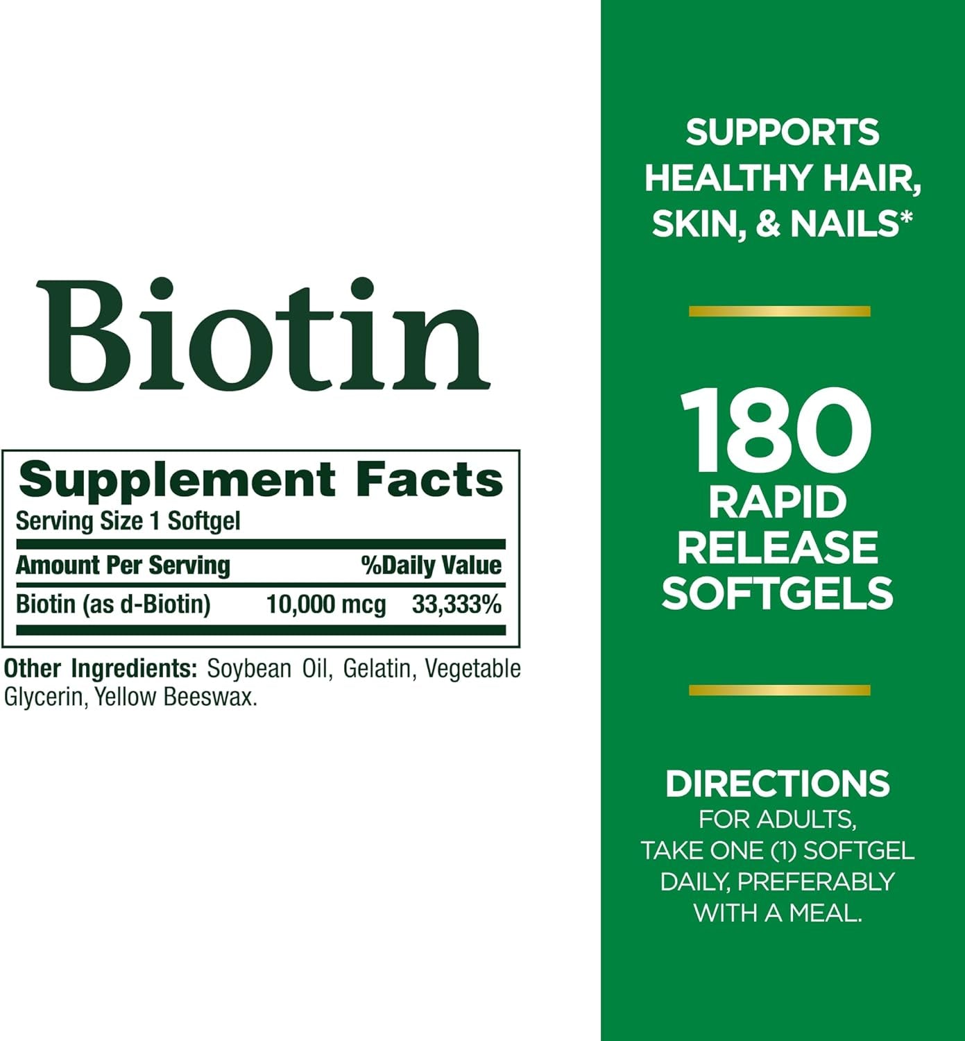 Nature'S Bounty Biotin, Supports Healthy Hair, Skin and Nails, 10,000 Mcg, Rapid Release Softgels, 180 Ct