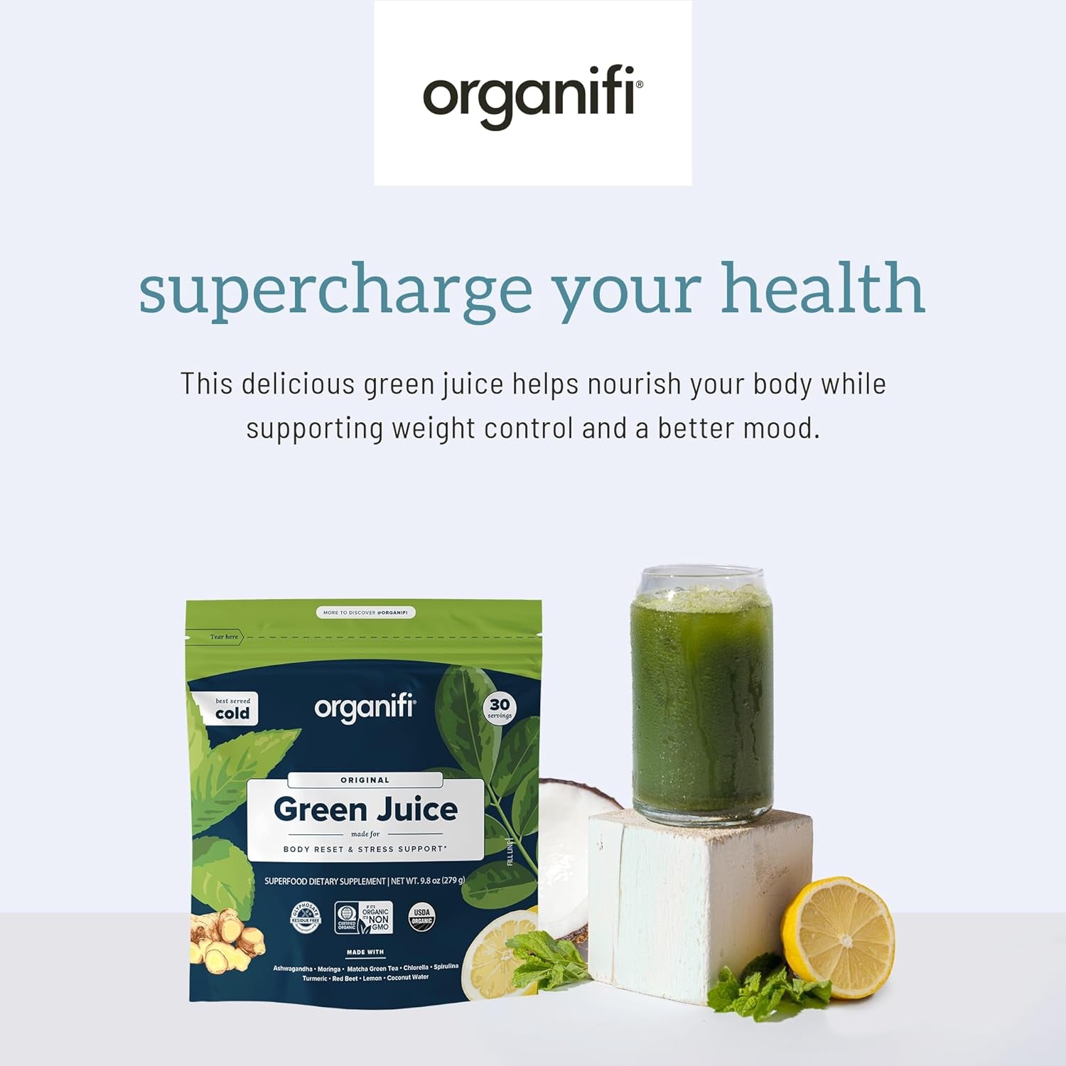 Organifi Green Juice - Powder Supplement with Organic Spirulina, Ashwagandha, and Chlorella - Helps Achieve Fitness Goals and Reduce Cortisol Levels, 30-Day Supply