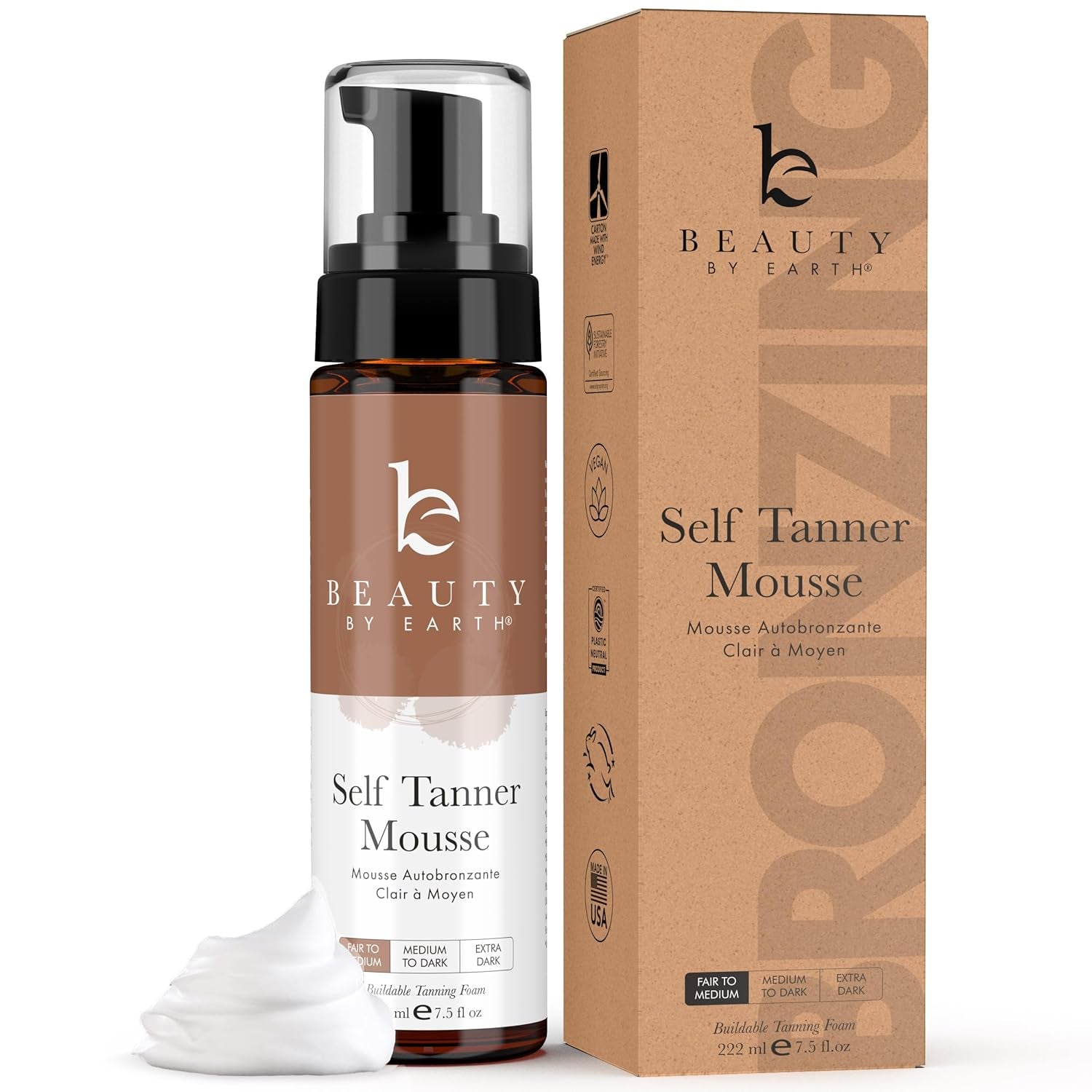 Self Tanner Mousse - USA Made with Natural & Organic Ingredients, Self Tanning Mousse for Fake Tan, Sunless Tanner for Pale Skin, Clear & Non Toxic Tanning Foam for Streak Free Finish, No Orange Color