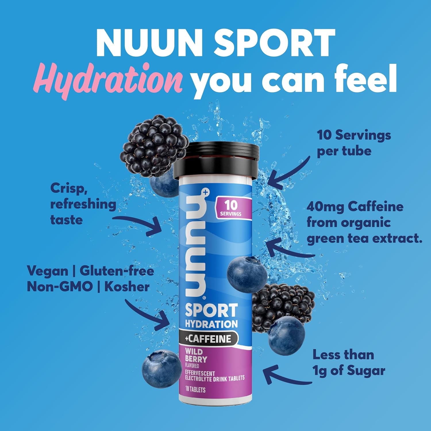 Nuun Sport + Caffeine Electrolyte Tablets for Proactive Hydration, Wild Berry, 8 Pack (80 Servings)