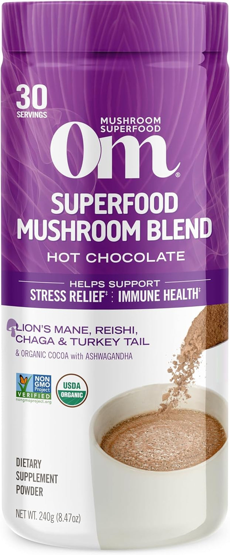 Om Mushroom Superfood Hot Chocolate Blend Mushroom Powder, 8.47 Ounce Canister, 30 Servings, Dutch Cocoa, 2G of Sugar, 25 Calories, Lion'S Mane, Reishi, Chaga, Turkey Tail, Focus and Stress Support