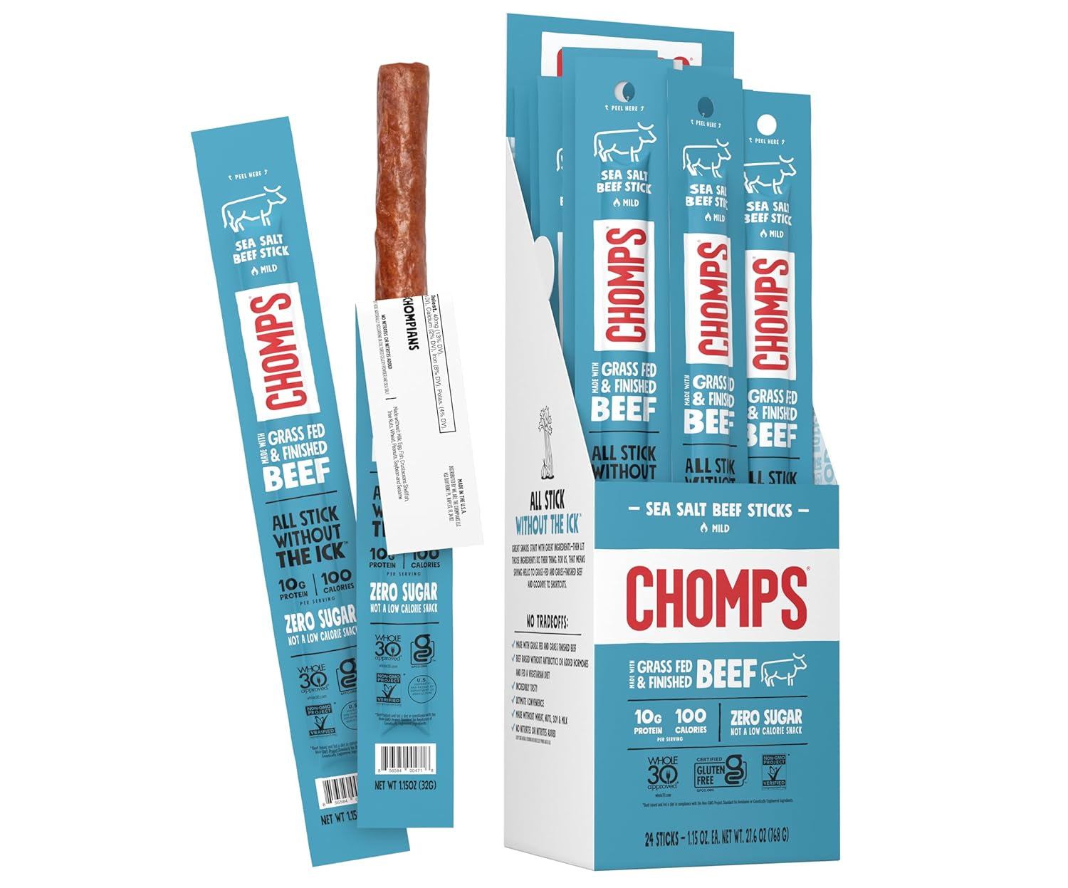 CHOMPS Grass Fed Sea Salt Beef Jerky Snack Sticks, Keto, Whole30, Paleo, Gluten Free, Sugar Free, Low Carb, AIP Diet Compliant, 1.15 Oz, Pack of 24