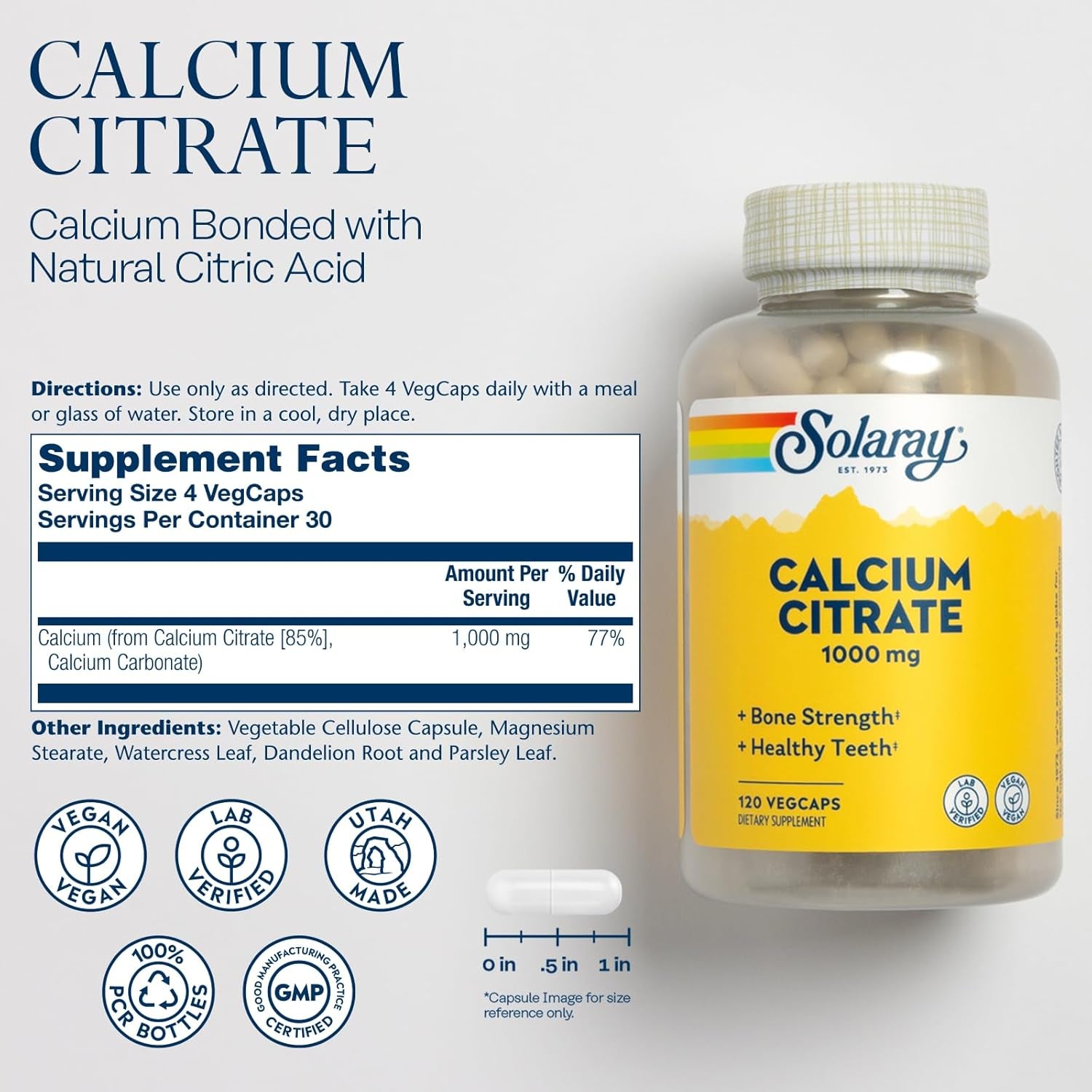 Solaray Calcium Citrate Capsules, 1000Mg, 120 Count