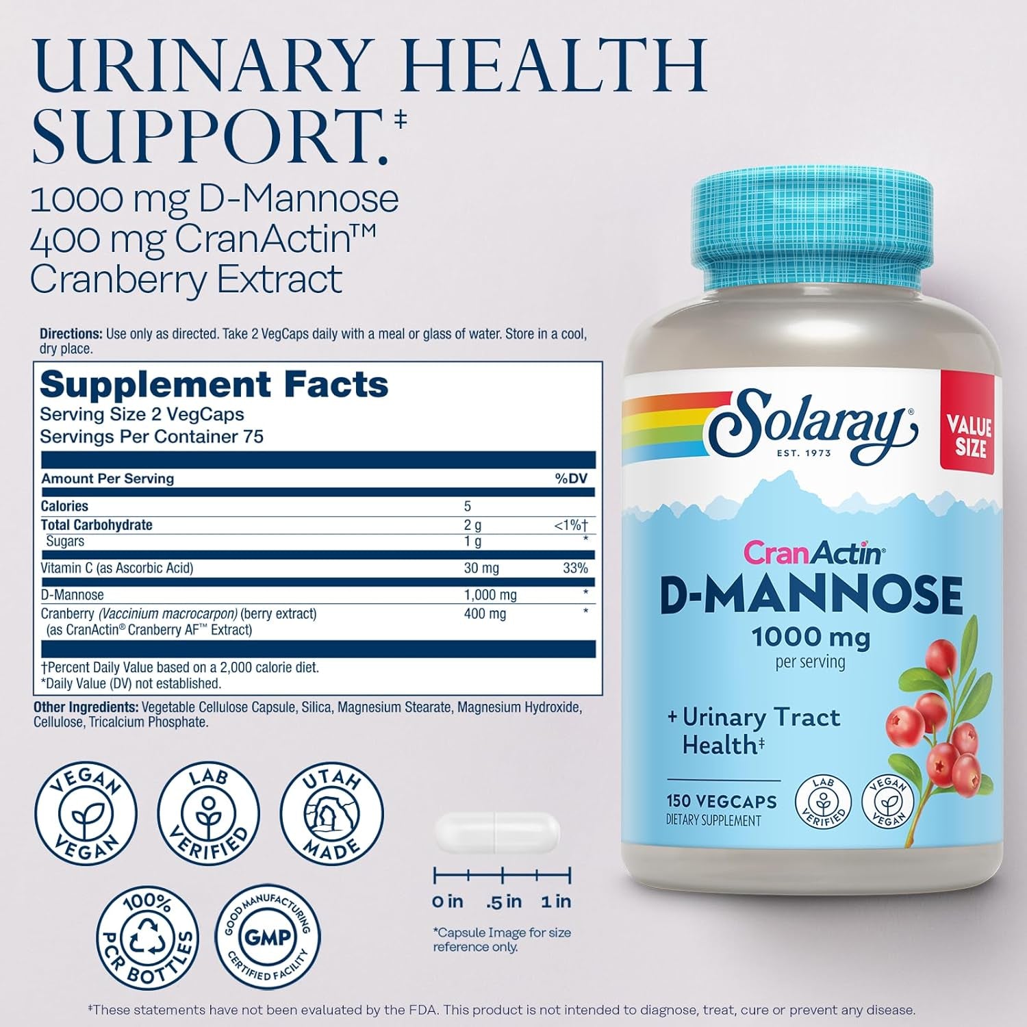 Solaray D-Mannose 1000Mg with Cranactin Cranberry Extract - D Mannose Cranberry Supplement with Vitamin C - Supports Urinary Tract and Bladder Health - Vegan, 60 Day Guarantee, 75 Serv, 150 Vegcaps