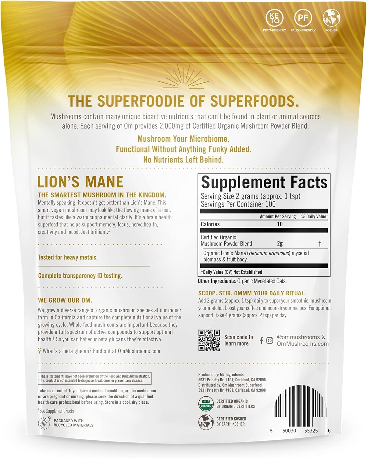 OM Mushroom Superfood | Lion'S Mane | USA Grown Organic Mushrooms | Memory, Focus, Clarity, Nerve Health & Mood Support | 7.05 Oz, 100 Servings Powder Supplement Pouch