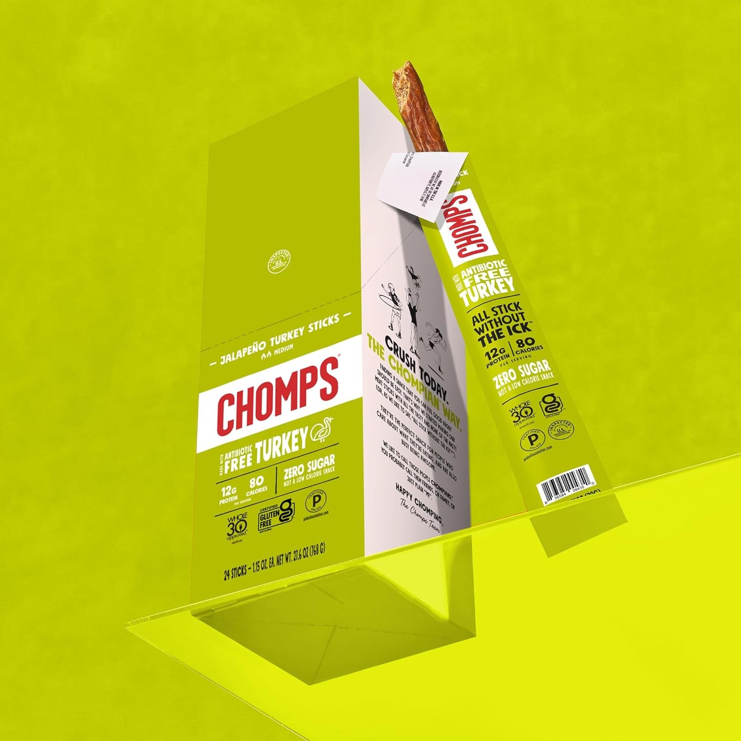 Chomps Jalapeño Turkey Jerky Meat Snack Sticks 10-Pack - Keto, Paleo, Low Carb, Whole30 Approved, 12G Lean Meat Protein, Gluten Free, Antibiotic Free, Zero Sugar Food