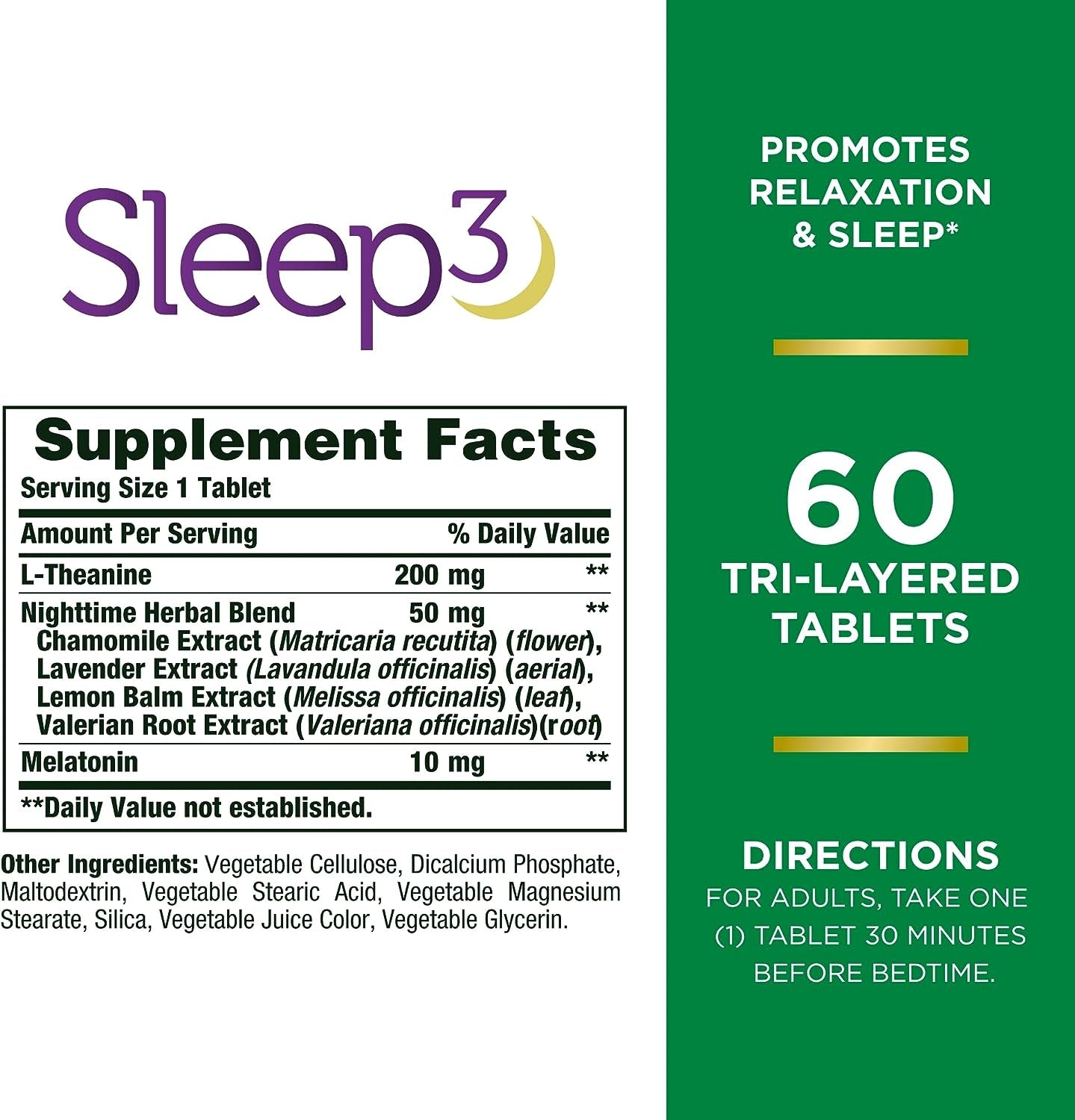 Nature'S Bounty Sleep3 Melatonin 10Mg, Maximum Strength 100% Drug Free Sleep Aid, Dietary Supplement, L-Theanine & Nighttime Herbal Blend Time Release Technology, 60 Tri-Layered Tablets