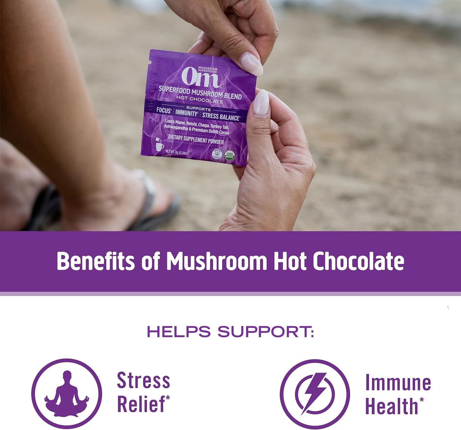 Om Mushroom Superfood Hot Chocolate Blend Mushroom Powder, 8.47 Ounce Canister, 30 Servings, Dutch Cocoa, 2G of Sugar, 25 Calories, Lion'S Mane, Reishi, Chaga, Turkey Tail, Focus and Stress Support