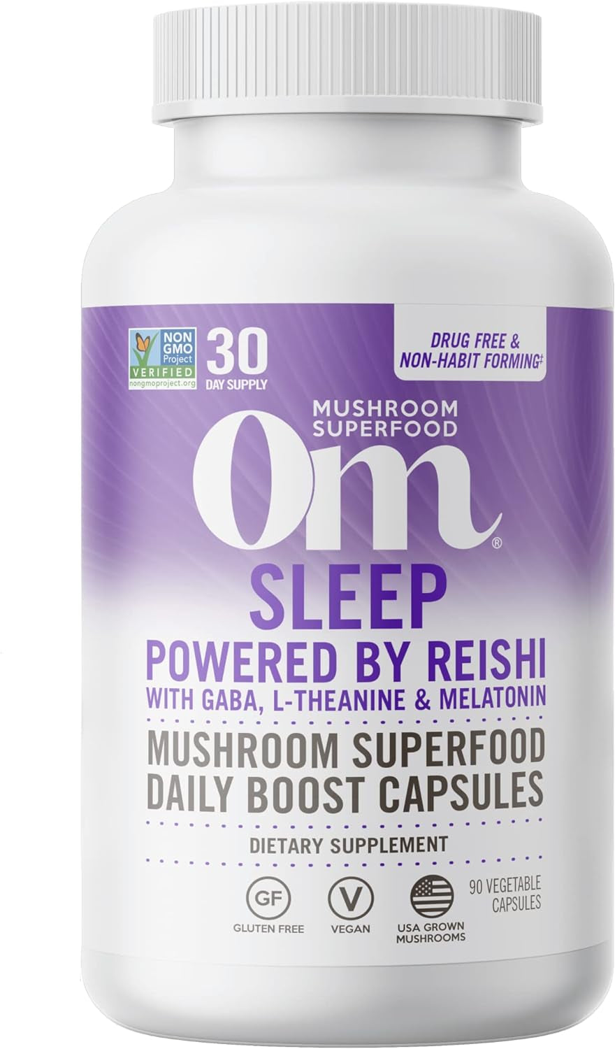 Om Mushroom Superfood Sleep Mushroom Capsules Superfood Supplement, 90 Count, 30 Days, Reishi, GABA, L-Theanine, Melatonin for Rest & Sleep Quality Superfood Supplement