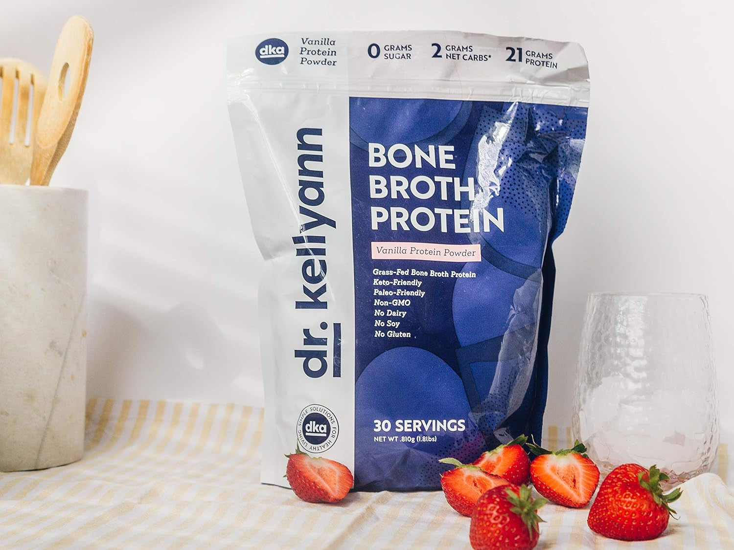 Dr. Kellyann Bone Broth Protein Powder, Vanilla (30 Servings) - Protein 21G, 2G Net Carbs - Grass Fed Hydrolyzed Collagen - Sugar Free, Gluten Free, Dairy Free, Paleo, Keto Protein Shakes