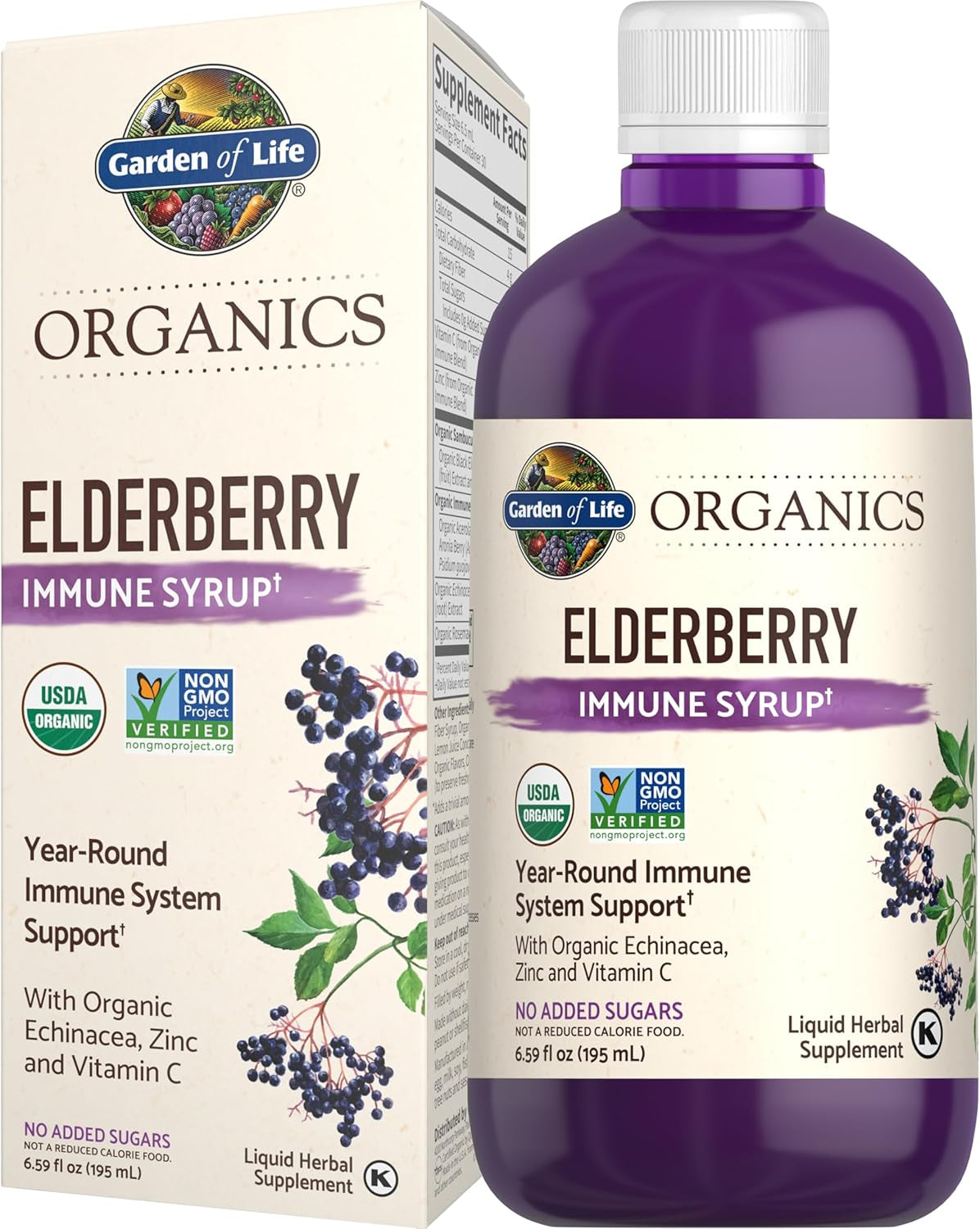 Garden of Life Organics Plant-Based Elderberry Immune Syrup 6.59 Fl Oz (195 Ml) for Kids & Adults: Sambucus, Echinacea, Zinc & Vitamin C, 0G Sugar, Organic Vegan Gluten Free Herbal Supplement